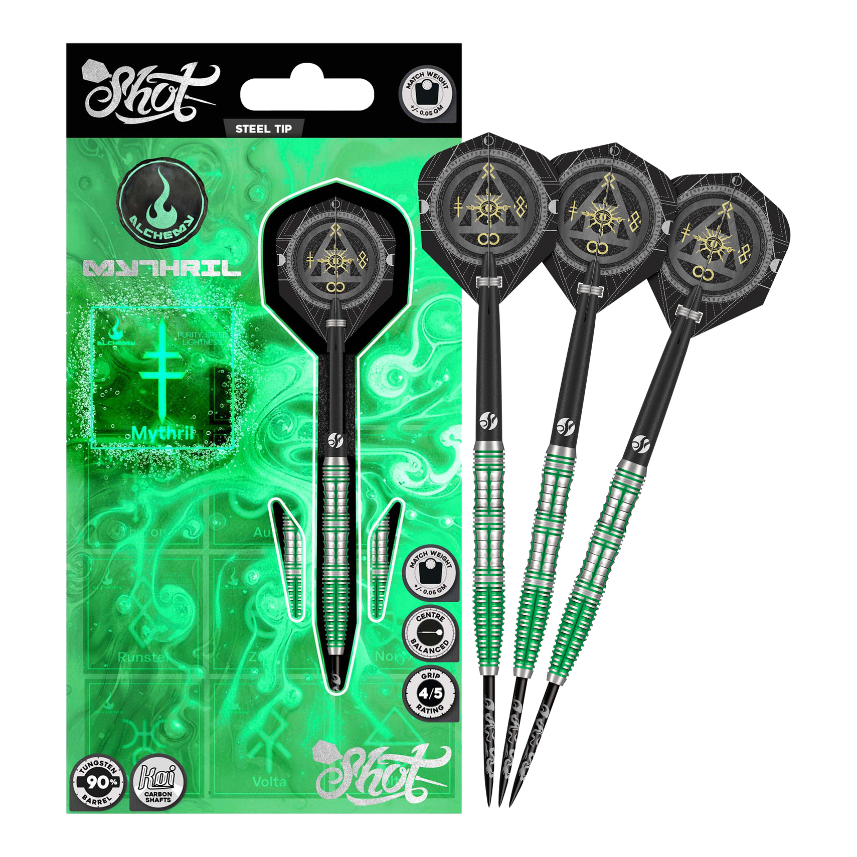 Shot Alchemy Mythril steel darts Auf dem Bild sind die Shot Alchemy Mythril Steeldarts komplett zu sehen. Sie überzeugen durch ihre edle Optik.