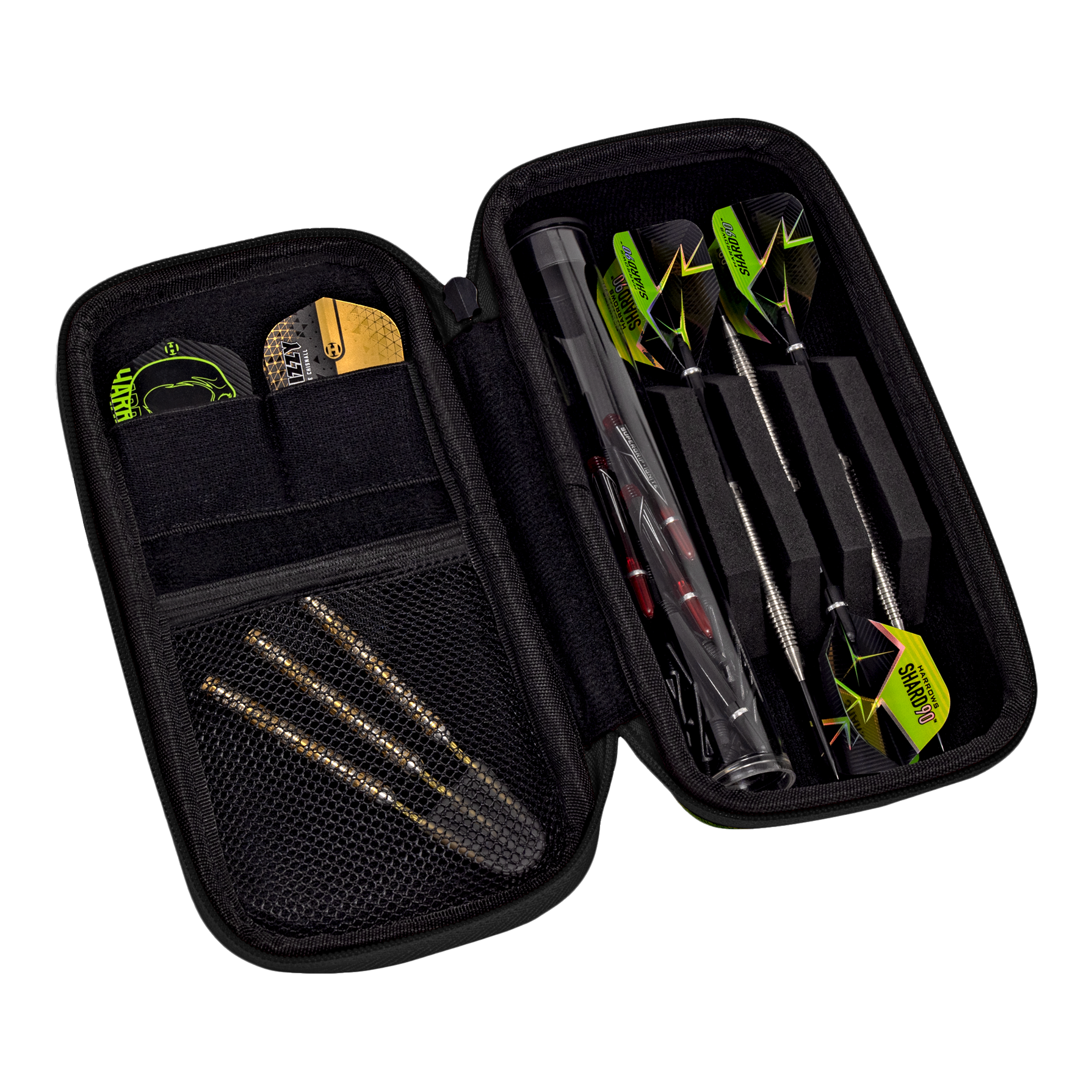 Harrows Smart Case Dartwallet Das Bild zeigt ein geöffnetes Dart-Etui mit mehreren Darts und Zubehör. Die Darts sind ordentlich in Fächern und Taschen im Etui verstaut.
