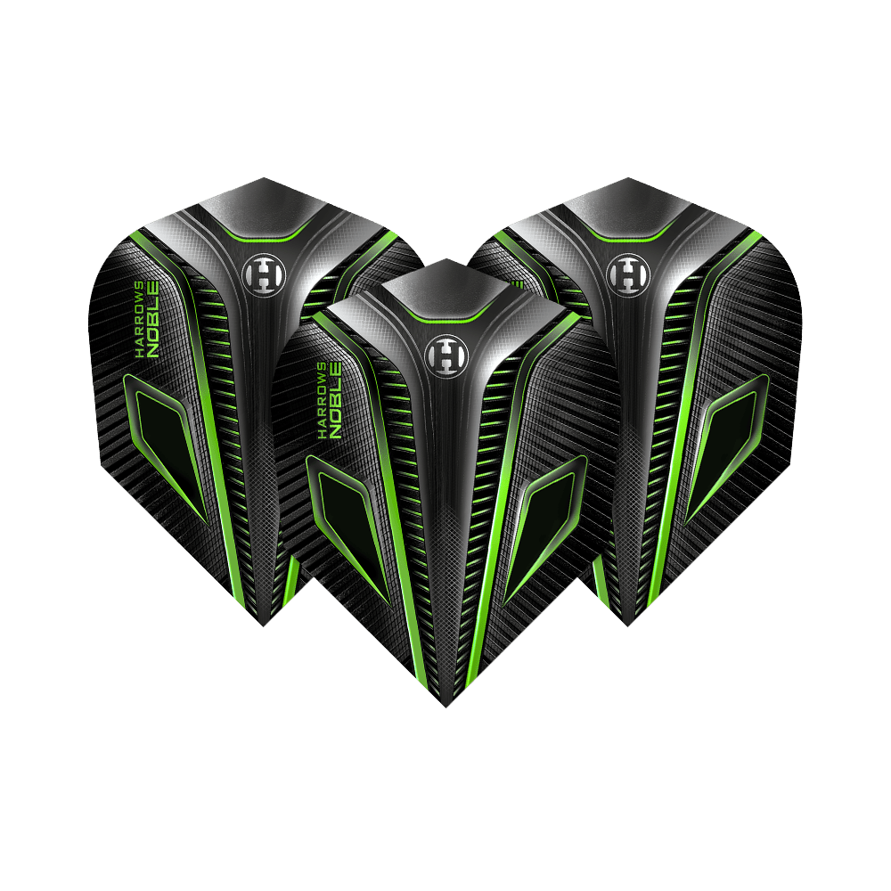 HR8_Harrows_Noble_Green_Standard_Flights_12dYcfFXmOCseu Das Bild zeigt drei Harrows Noble Green Standard Flights für Dartpfeile. Die Flights sind überwiegend schwarz mit grünen und silbernen Akzenten.