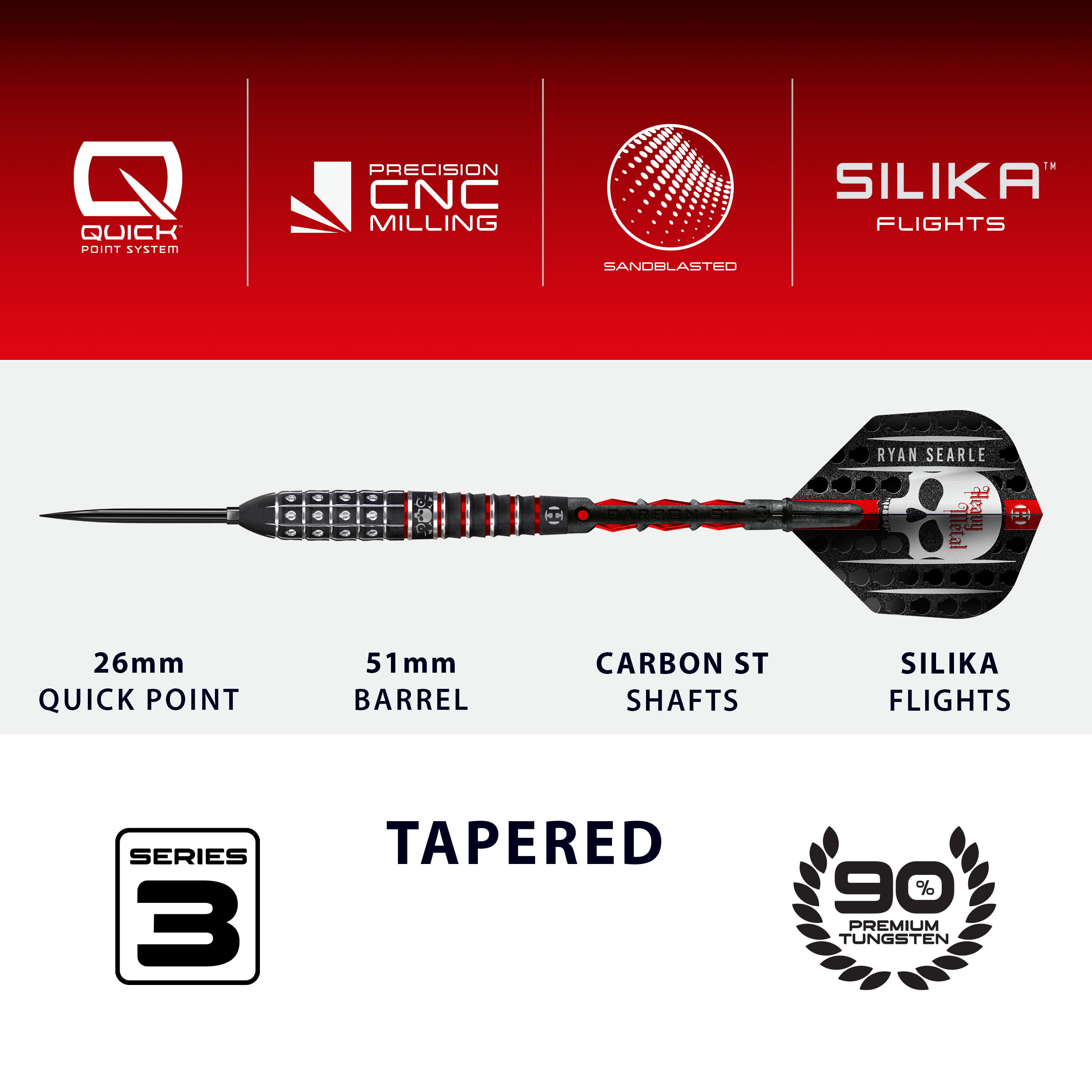 Harrow's Ryan Searle Series 3 Quick Point Steel Darts Gezeigt werden die Harrows Ryan Searle Series 3 Quick Point Steeldarts. Diese Steeldarts bieten eine präzise Wurftechnik.