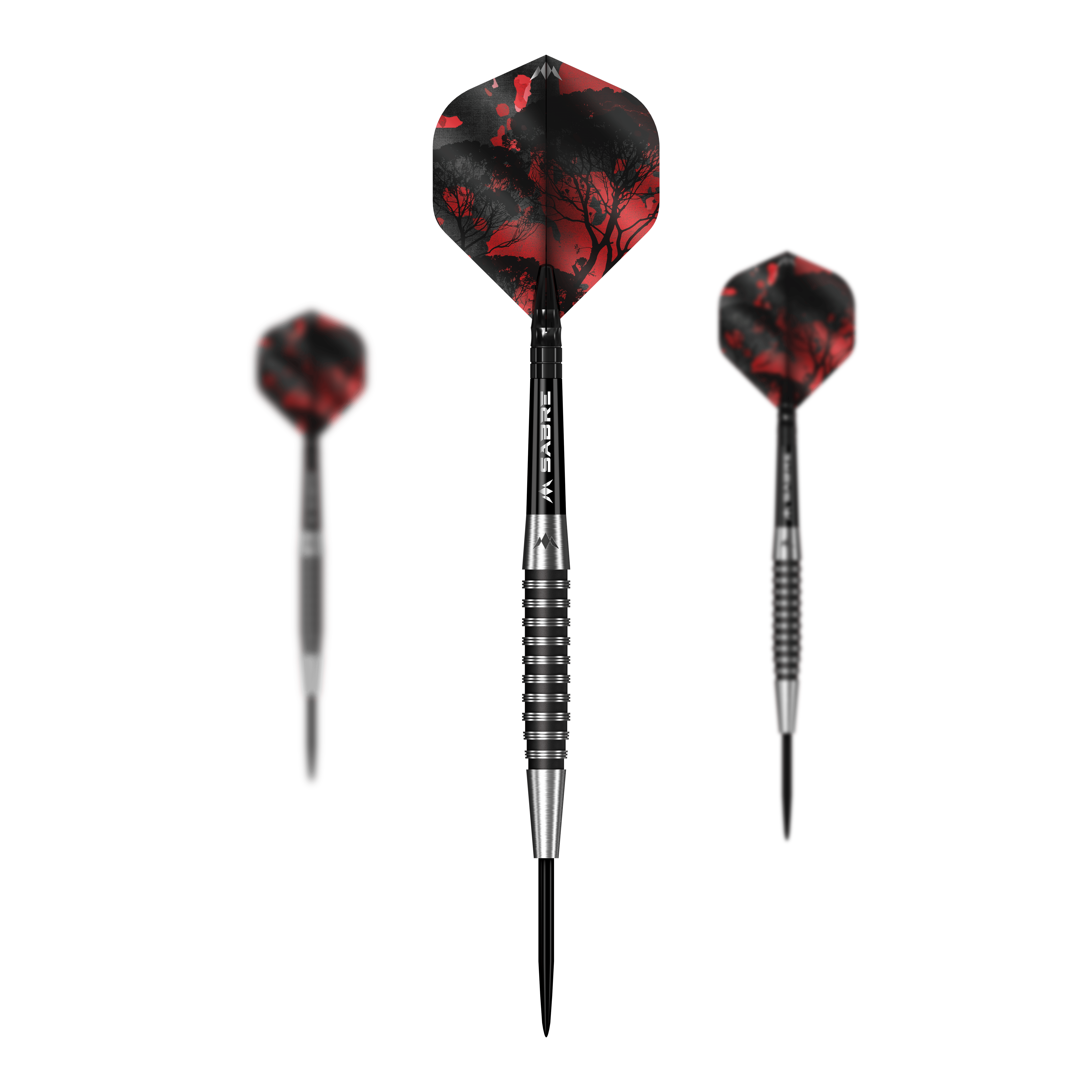 Auf diesem Bild sieht man das Set Mission Kunai Black PVD Steeldarts - 23g. Das Set besteht aus mehreren schwarzen Steeldarts mit einem Gewicht von 23 Gramm.