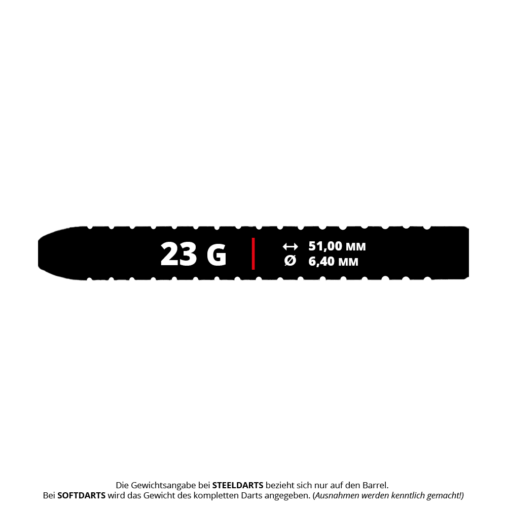 Das Bild zeigt die technischen Daten des Produkts "Dynasty Fallon Sherrock 4 S AFlow BK Steeldarts - Mit Autogramm - 23g". Der Dart wiegt 23 Gramm, ist 51,00 mm lang und hat einen Durchmesser von 6,40 mm.