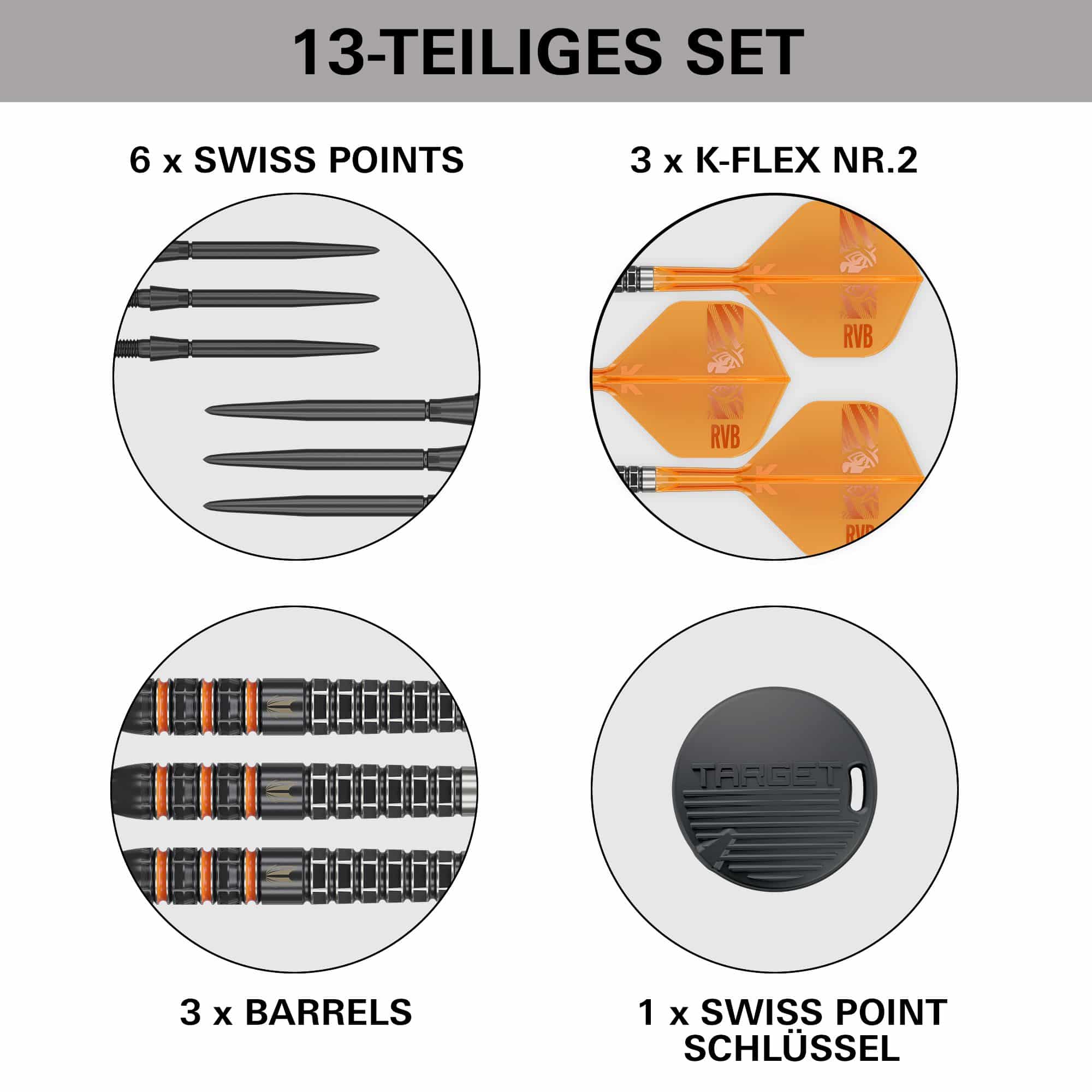 Dieses Bild zeigt die Target Raymond Van Barneveld 95K Swiss Points Steeldarts. Sie sind speziell für anspruchsvolle Dartspieler entwickelt.