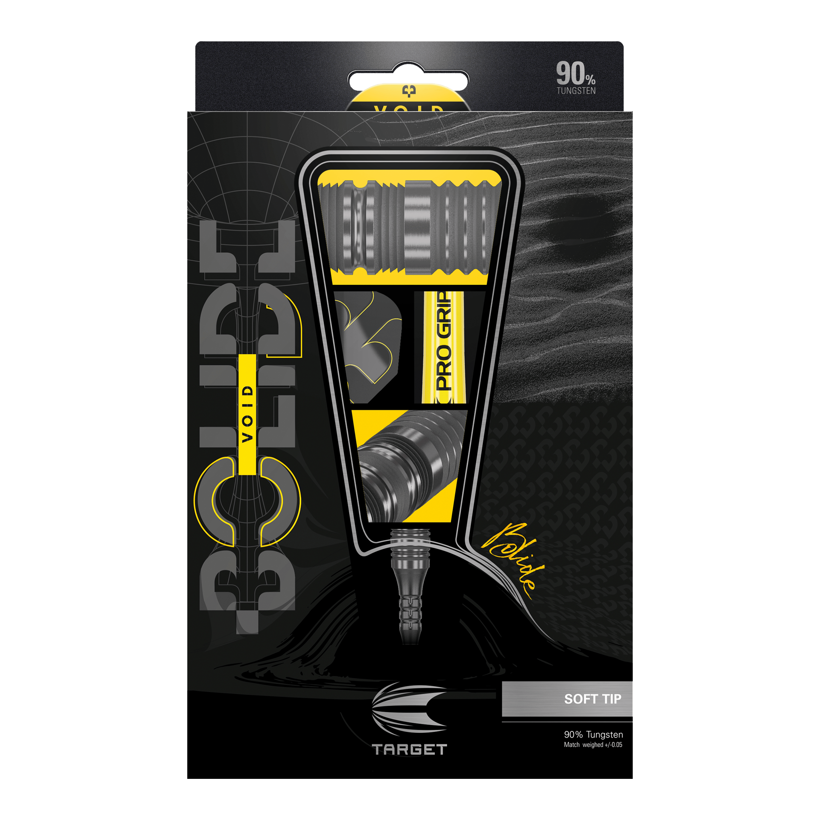 Target Bolide Void 10 soft darts Das Bild zeigt die Verpackung der "Target Bolide Void 10 Softdarts". Die Verpackung ist schwarz-gelb gestaltet und hebt die Darts mit 90% Tungsten-Anteil hervor.