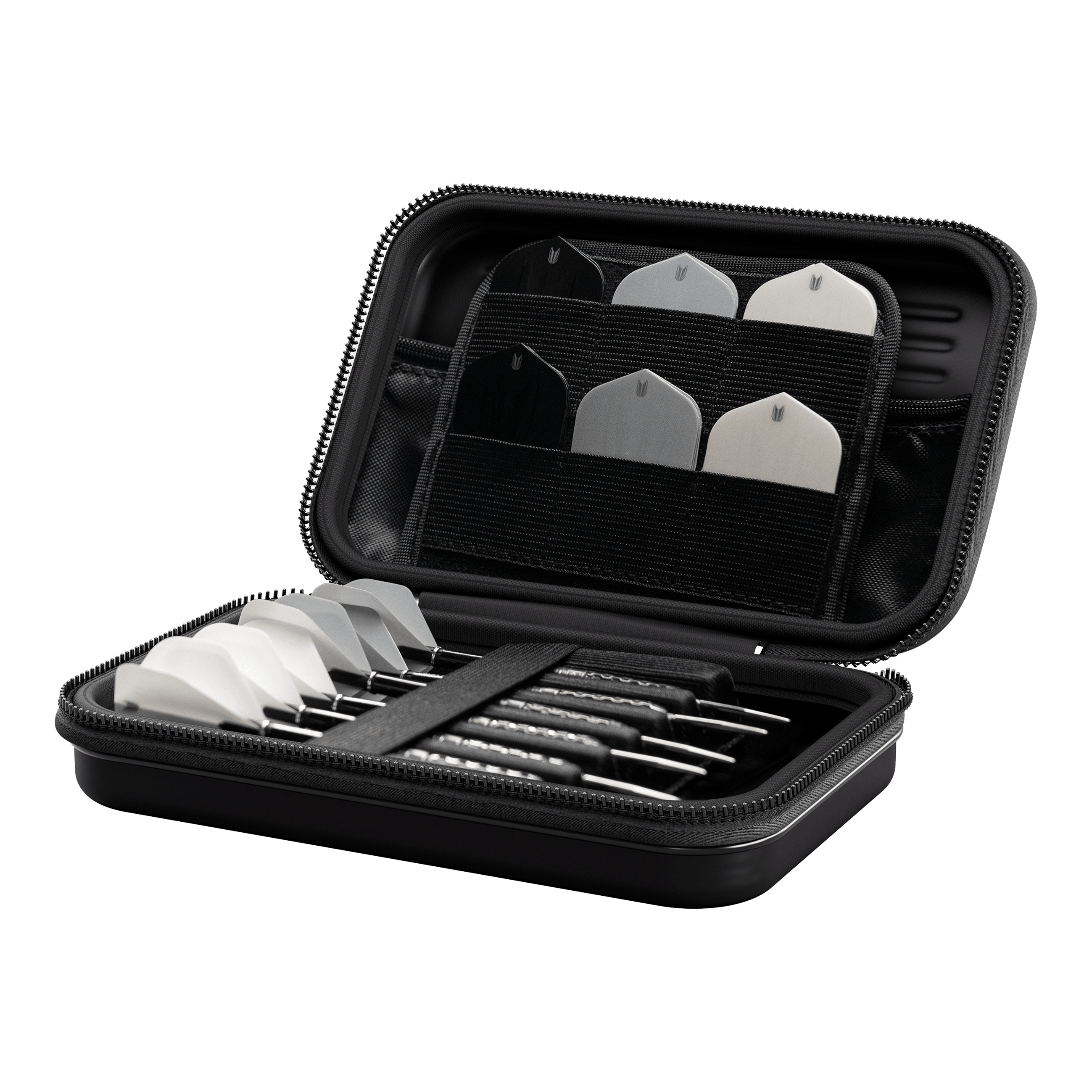Takoma XL Ghost Series Rob Cross dart case Das Bild zeigt das Produkt "Target Takoma Bolide XL Dartcase". In dem geöffneten Etui sind mehrere Dartpfeile und Ersatzflights ordentlich verstaut.