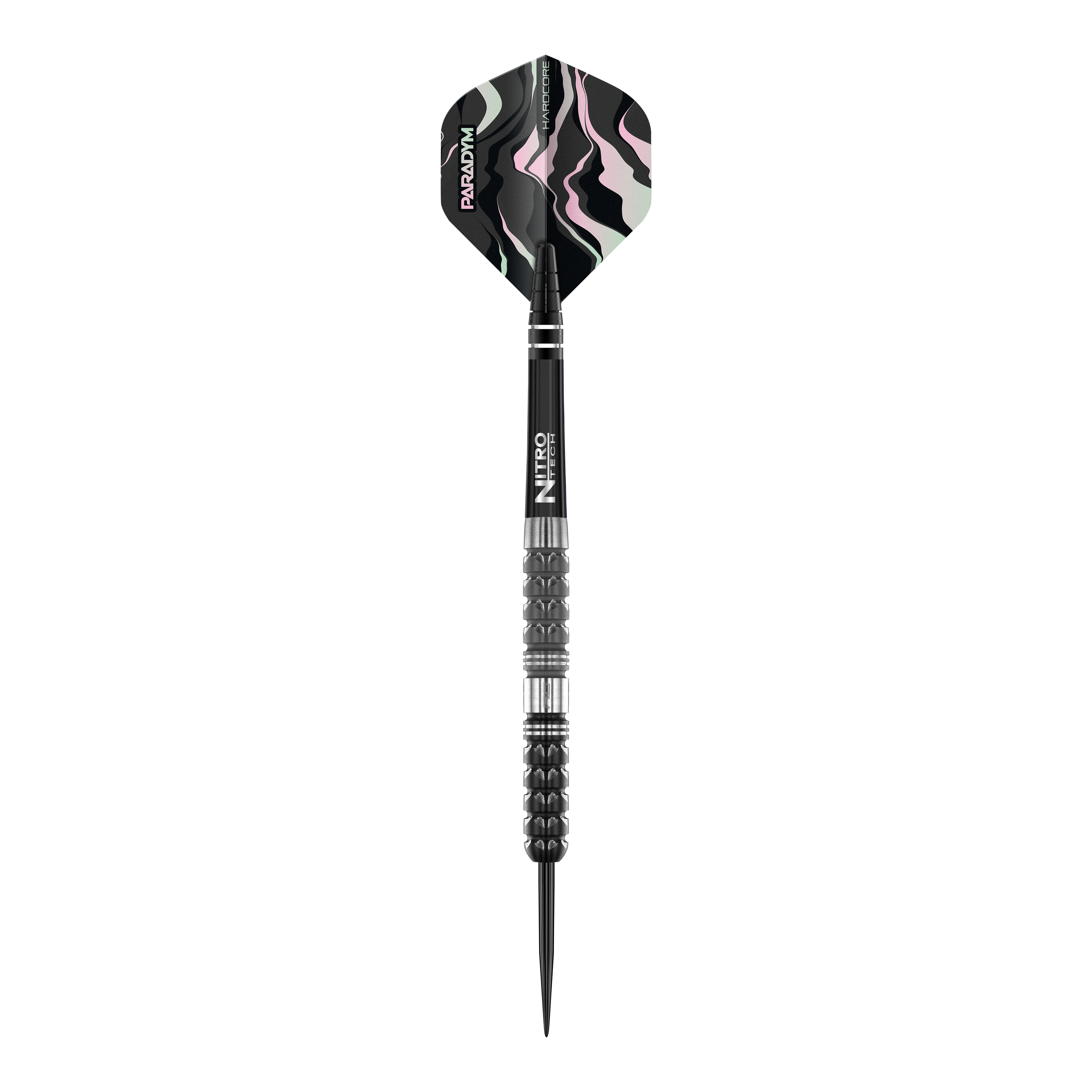 Red Dragon Paradym Tapered Steel Darts Das Bild zeigt einen Red Dragon Paradym Tapered Steeldart. Der Dart hat ein modernes, schwarzes Design mit markant gemusterter Flugfeder.