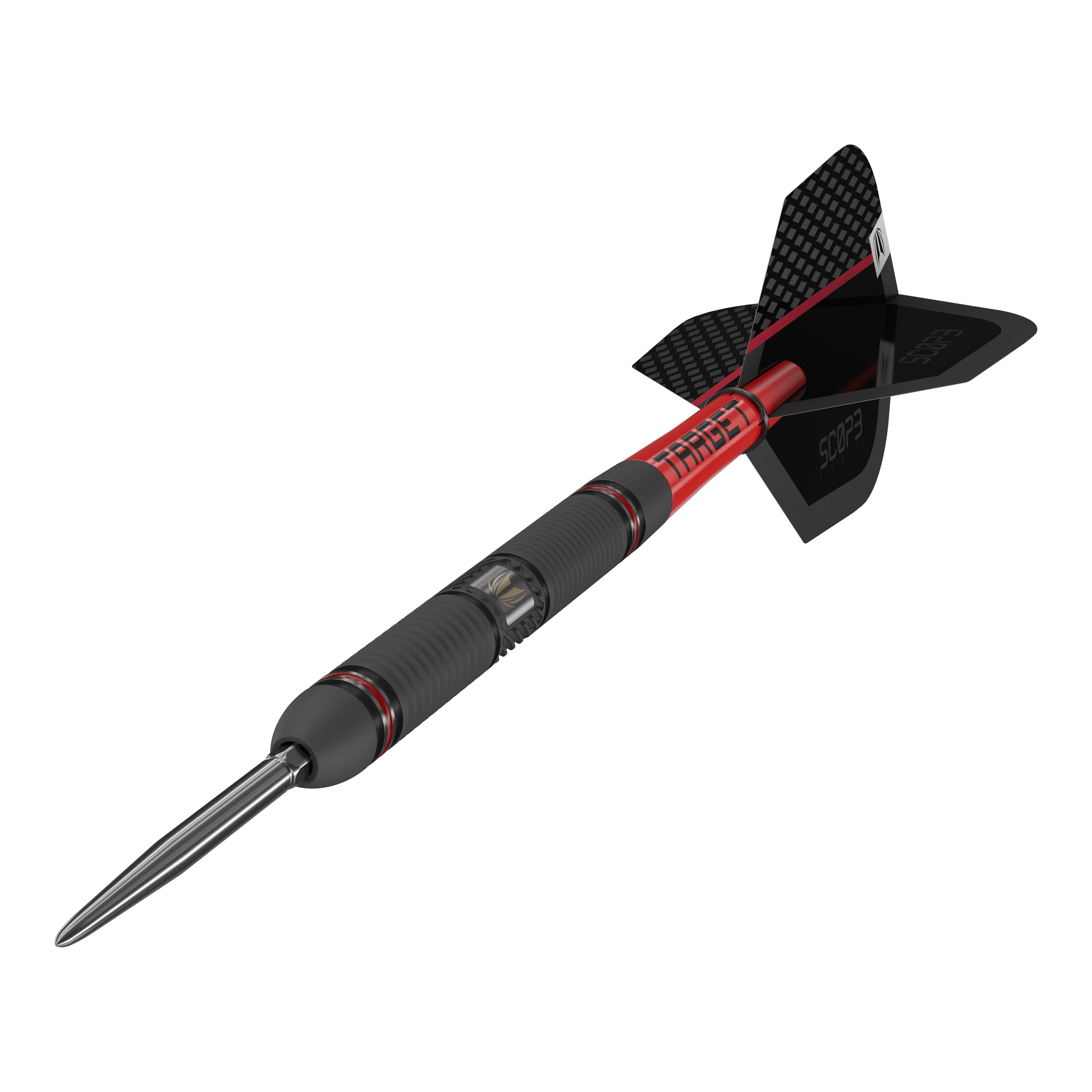 Target Scope 01 Swiss Point steel darts Das Bild zeigt einen Target Scope 01 Swiss Point Steeldart. Der Dartpfeil hat ein modernes Design mit schwarzen und roten Akzenten sowie einer stabilen Metallspitze.
