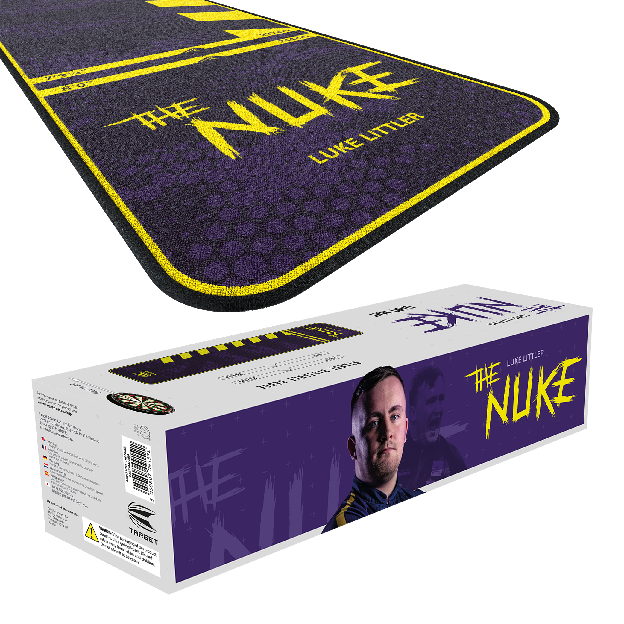 Target Luke Littler The Nuke dart mat Das Bild zeigt den "Target Luke Littler The Nuke Dartteppich" in lila Farbe mit gelben Akzenten. Auf der Verpackung ist ein Bild von Luke Littler sowie der Produktname zu sehen.
