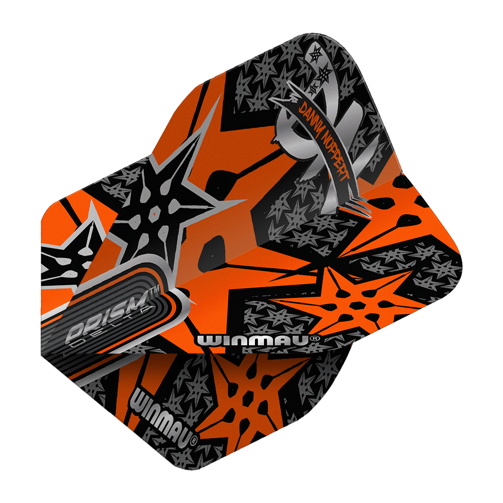 Winmau Prism Delta Danny Noppert Orange Signature No2 Standard Flights Das Bild zeigt ein Winmau Prism Delta Danny Noppert Orange Signature No2 Standard Flight. Das Flight hat ein auffälliges Design in Orange mit schwarzen und silbernen Sternen und dem Namen "Danny Noppert".