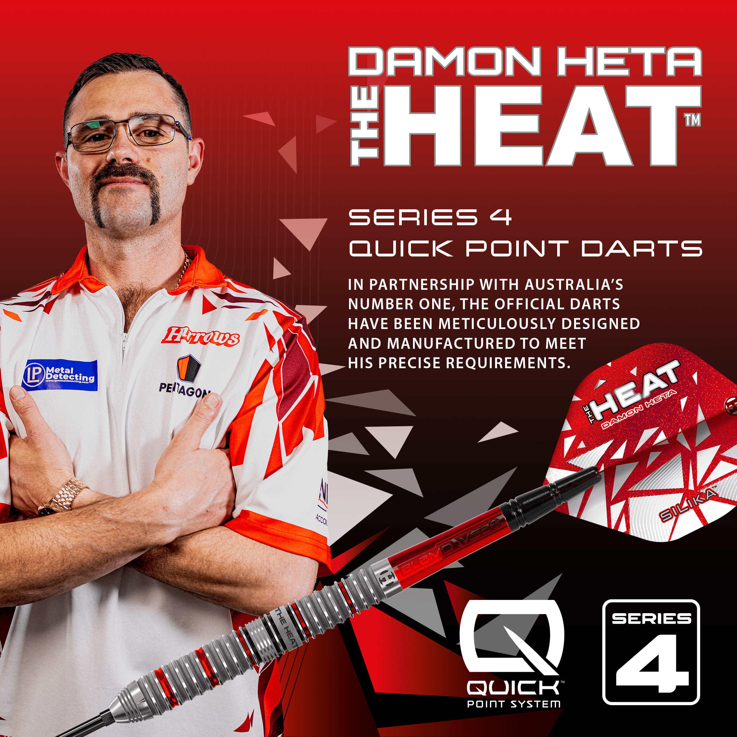 Harrow's Damon Heta Series 4 Quick Point steel darts Hier sind die Harrows Damon Heta Series 4 Quick Point Steeldarts abgebildet. Die Darts sind auf weißem Hintergrund dargestellt.
