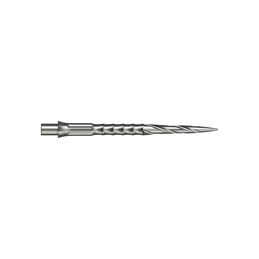 Zwei silberne Steeldartspitzen werden gezeigt. Sie sind 32 mm lang und gehören zum Spiro NoLip Design.