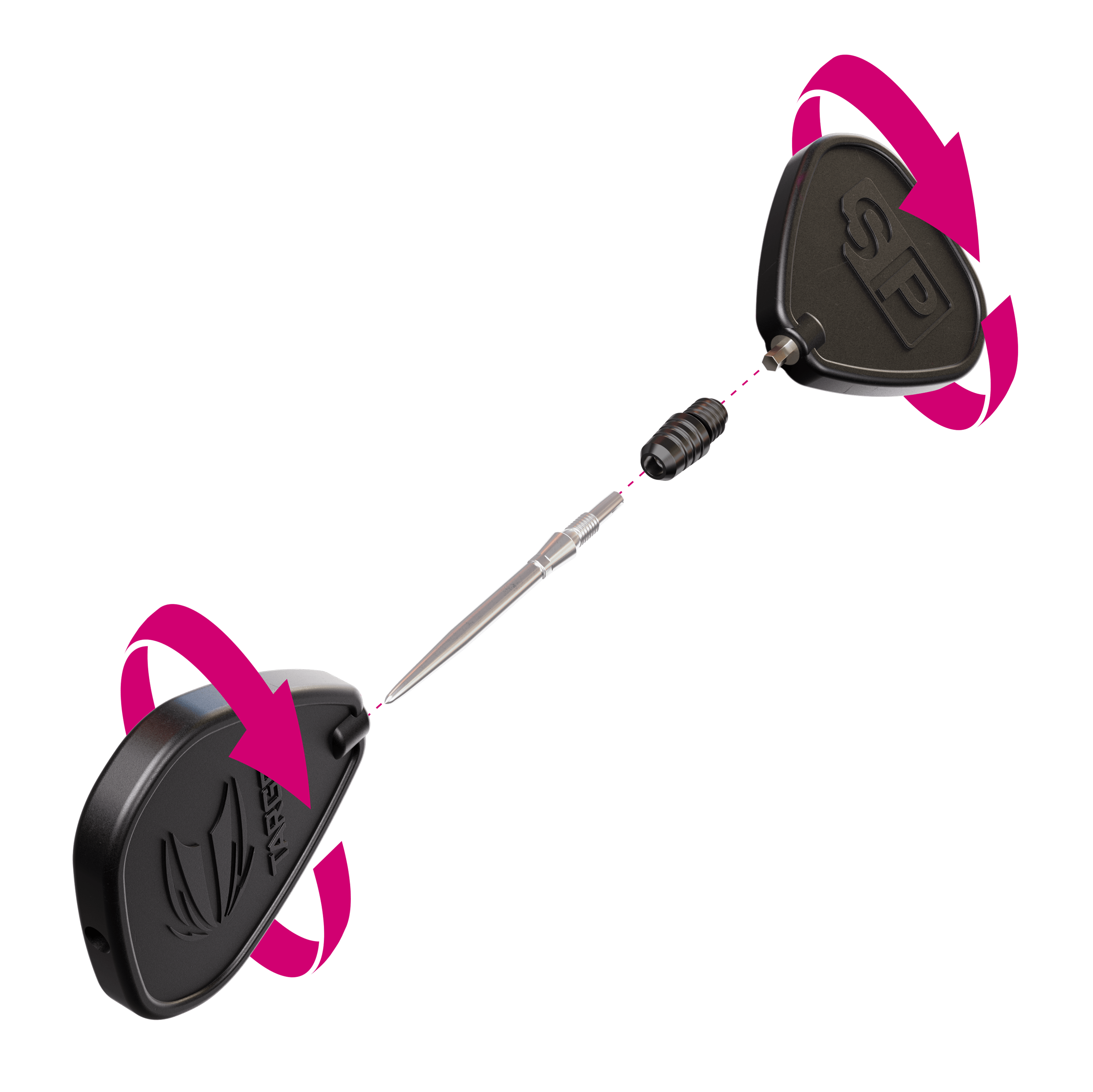 Target Swiss Point 2BA Converter - Black Das Bild zeigt den Target Swiss Point 2BA Converter in Schwarz. Zwei schwarze Werkzeuge und ein Converter mit einer Dartspitze sind abgebildet, mit Pfeilen, die eine Drehbewegung anzeigen.