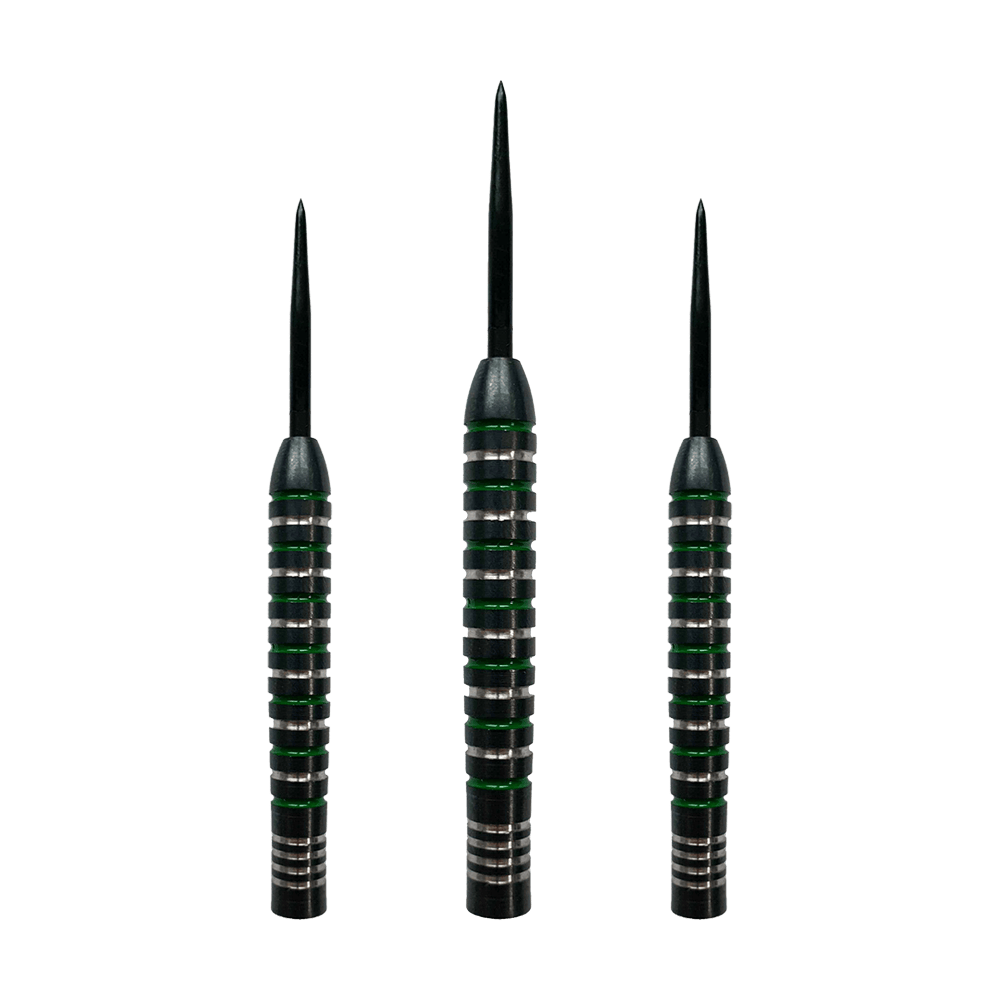 McDart Silver Green Steeldart Barrels Das Bild zeigt drei McDart Silver Green Steeldart Barrels. Die Barrels sind schwarz mit silbernen und grünen Ringen.