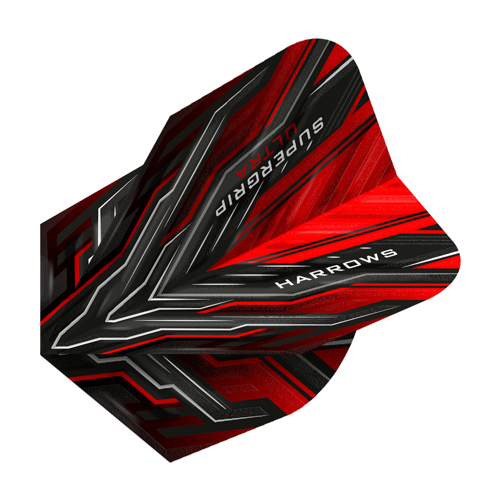 HR9_Harrows_Supergrip_Ultra_Red_Standard_Flights_2 Das Bild zeigt das Produkt "Harrows Supergrip Ultra Red Standard Flights". Die Flights sind in Rot, Schwarz und Silber gestaltet und tragen den Markennamen sowie die Produktbezeichnung.