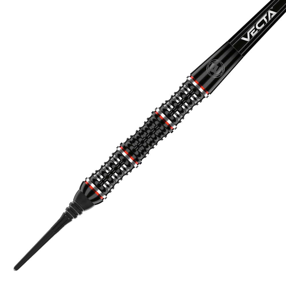 2440_Winmau_Mervyn_King_Special_Edition_Softdarts_2 Auf dem Bild ist der Winmau Mervyn King Special Edition Softdart zu sehen. Der Dartpfeil ist schwarz mit rot-weißen Akzenten und hat ein markantes, geriffeltes Griffdesign.