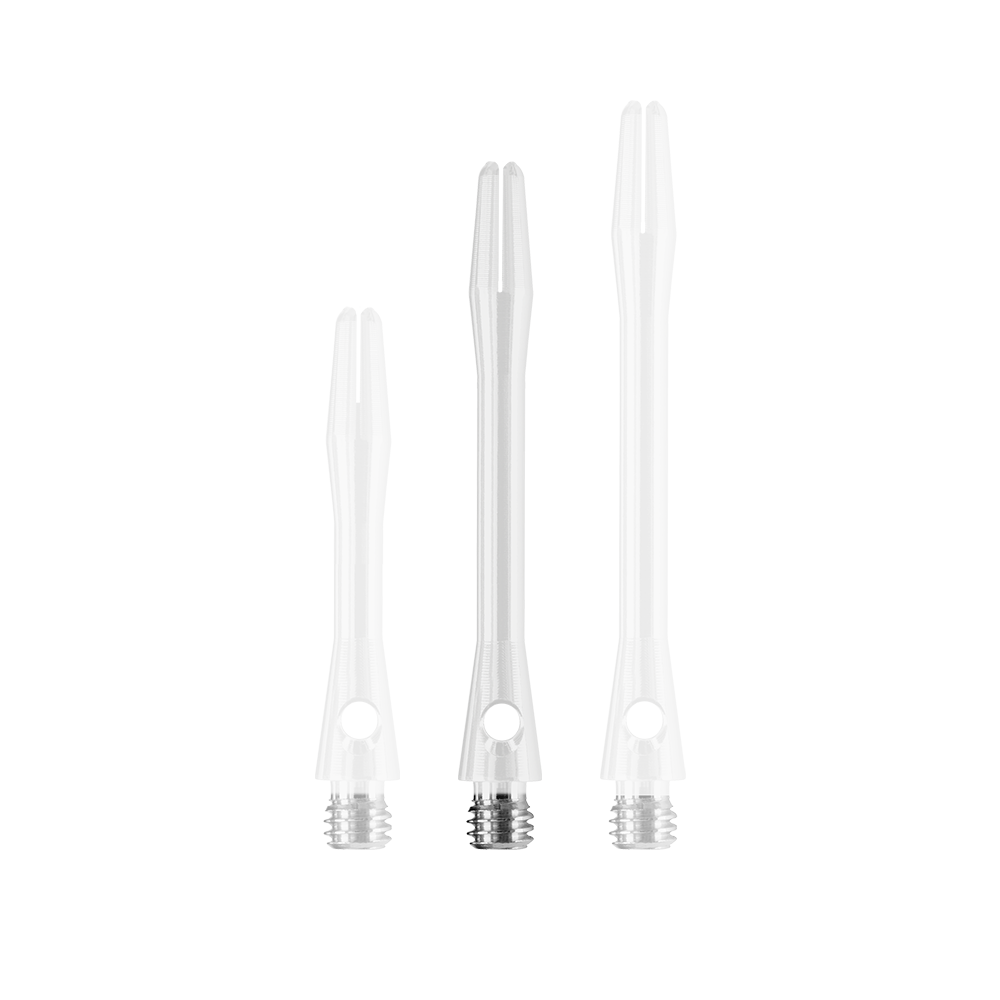 HR373_Harrows_Keramic_Shafts_Weiss_41mm_1 Das Bild zeigt drei weiße Harrows Keramic Shafts in unterschiedlichen Längen. Sie haben einen Metallgewindeanschluss am unteren Ende.