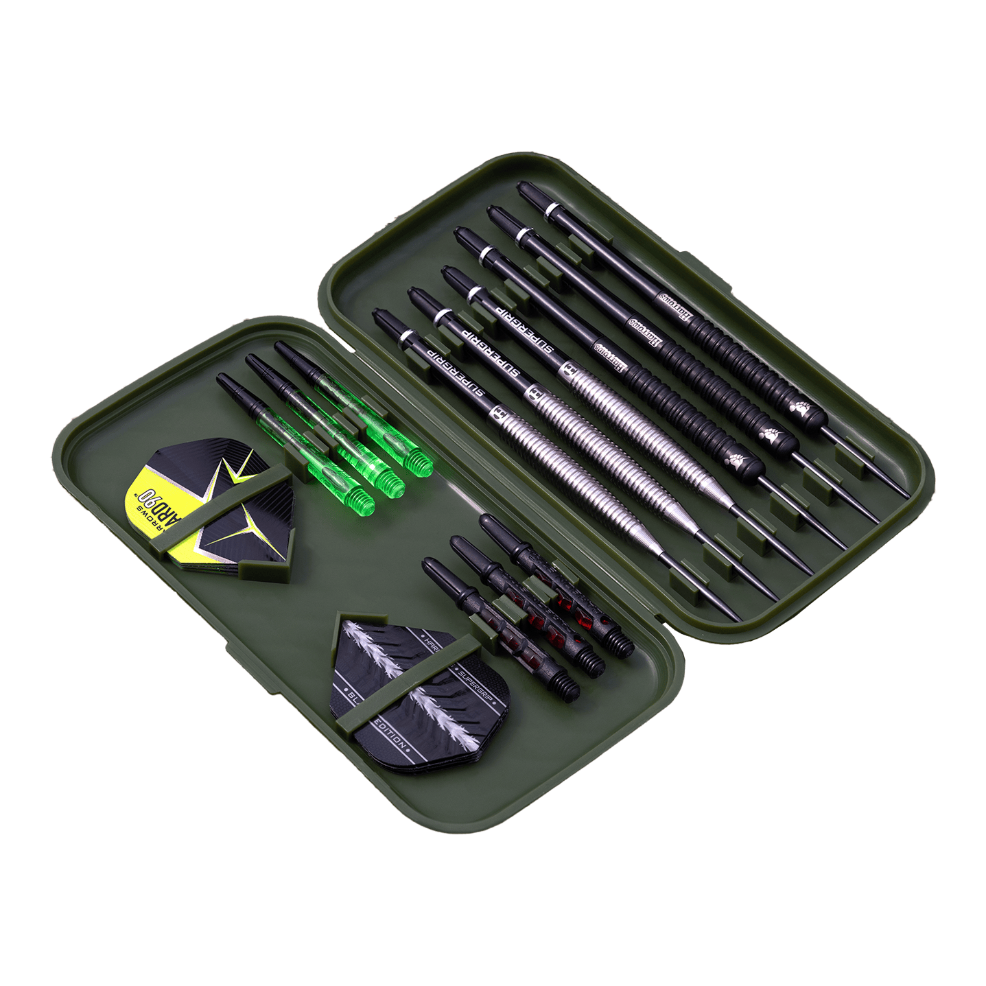 Harrows Slimcase Dart Case In diesem Bild ist ein offenes Dartcase mit mehreren Darts und Zubehör zu sehen. Das Etui enthält Dartpfeile, Flights und Ersatzschäfte in einer geordneten Anordnung.