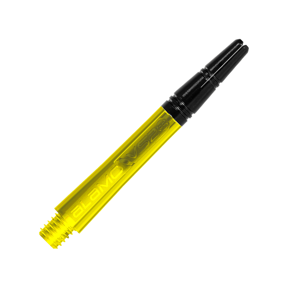 Harrow's Alamo VS2 Shafts - Yellow Das Bild zeigt einen gelben Dart-Schaft mit der Aufschrift "ALAMO VS2". Der Hintergrund besteht aus diagonalen gelben und grauen Linien.