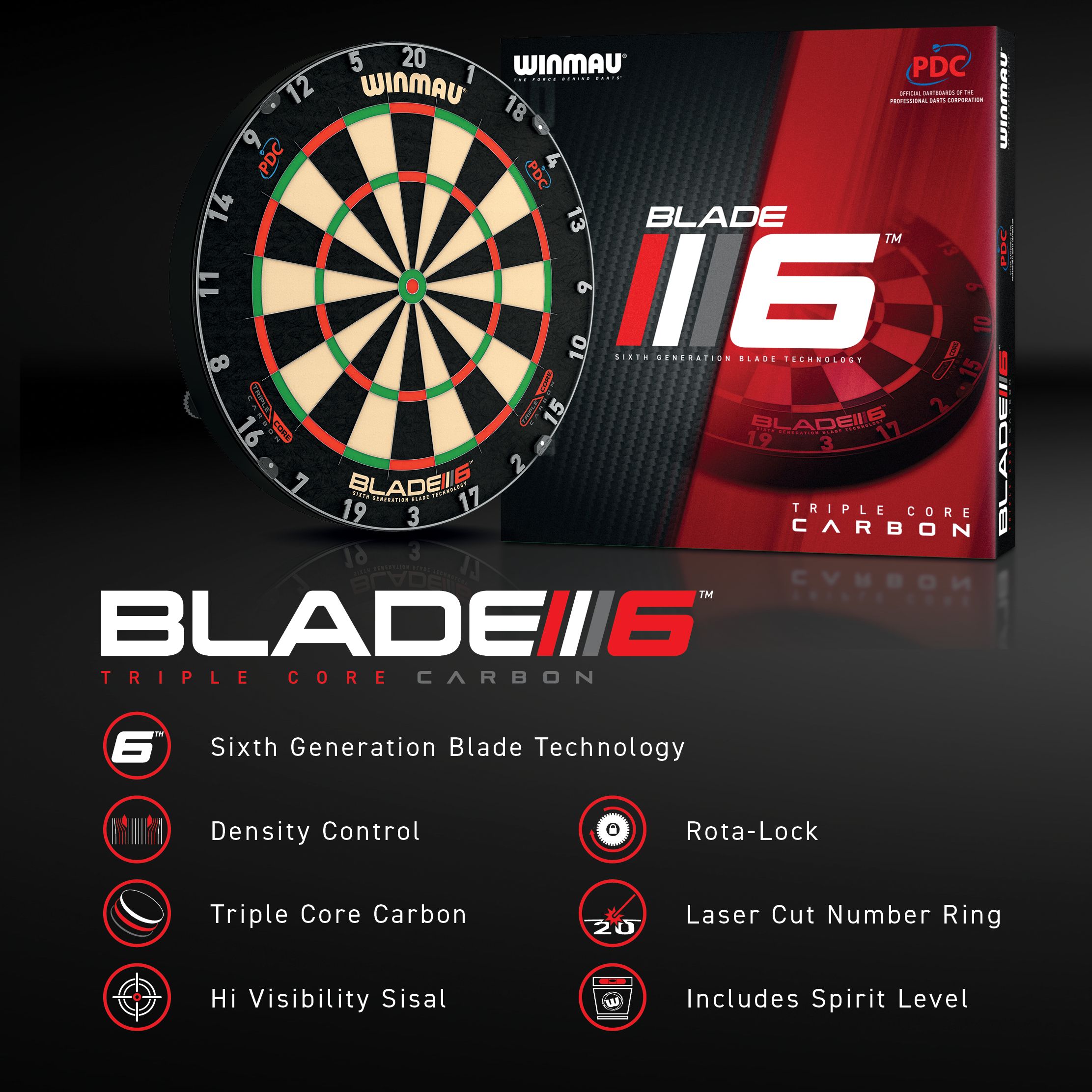 Winmau Blade 6 Triple Core Set with PDC Surround and 2 sets of darts Dargestellt ist das Winmau Blade 6 Triple Core Set mit PDC Surround und 2 Sets Darts. Das Set bietet alles für einen gelungenen Dartsabend Zuhause.
