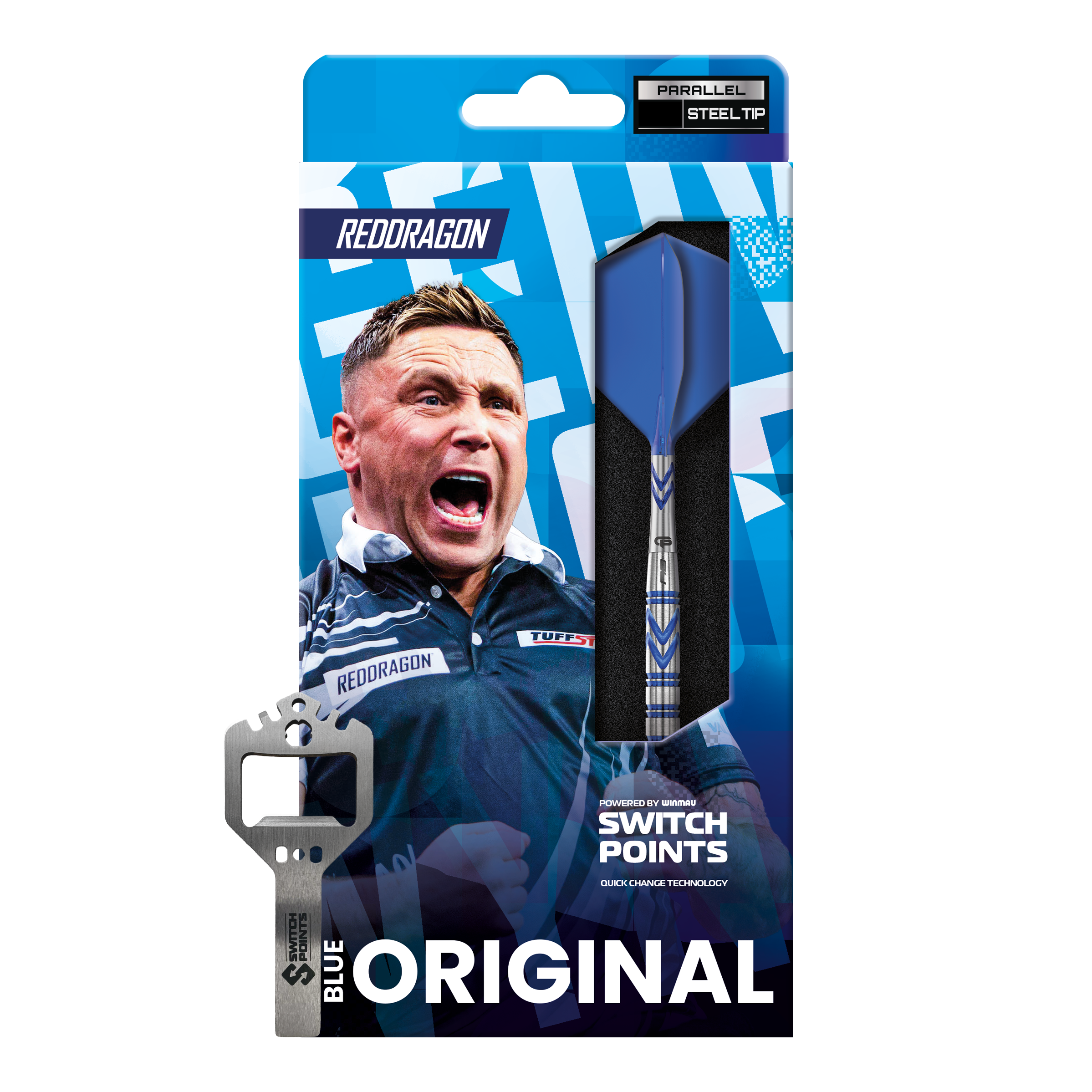 Gezeigt werden hier die Red Dragon Gerwyn Price Blue Original Switch Point Steeldarts. Das Modell bietet eine zuverlässige Handhabung und modernes Design.