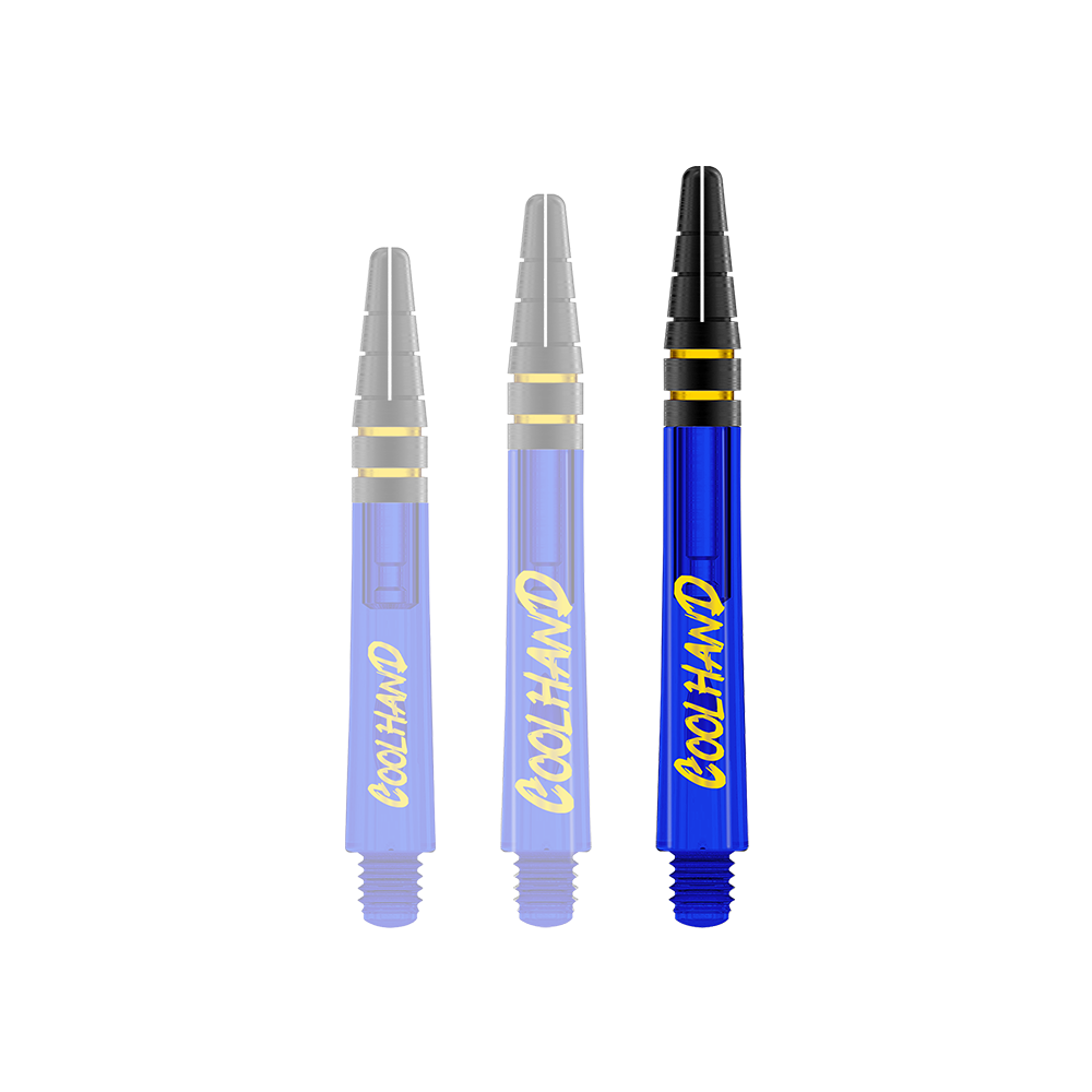 Das Bild zeigt drei blaue Dartschäfte mit der gelben Aufschrift "COOLHAND". Die Spitzen der Schäfte sind schwarz mit goldenen Ringen verziert.