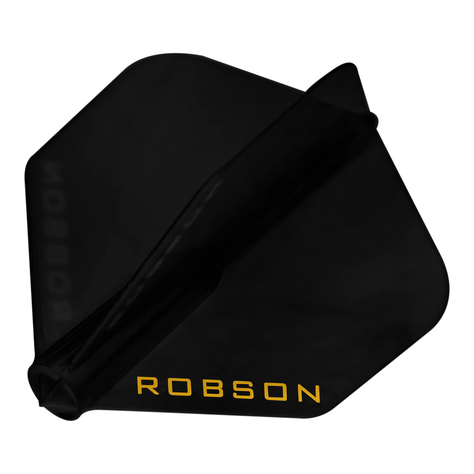 Robson Plus Flights - NO6 Das Bild zeigt einen schwarzen Dartflug. Auf dem Flug steht in gelber Schrift das Wort "ROBSON".