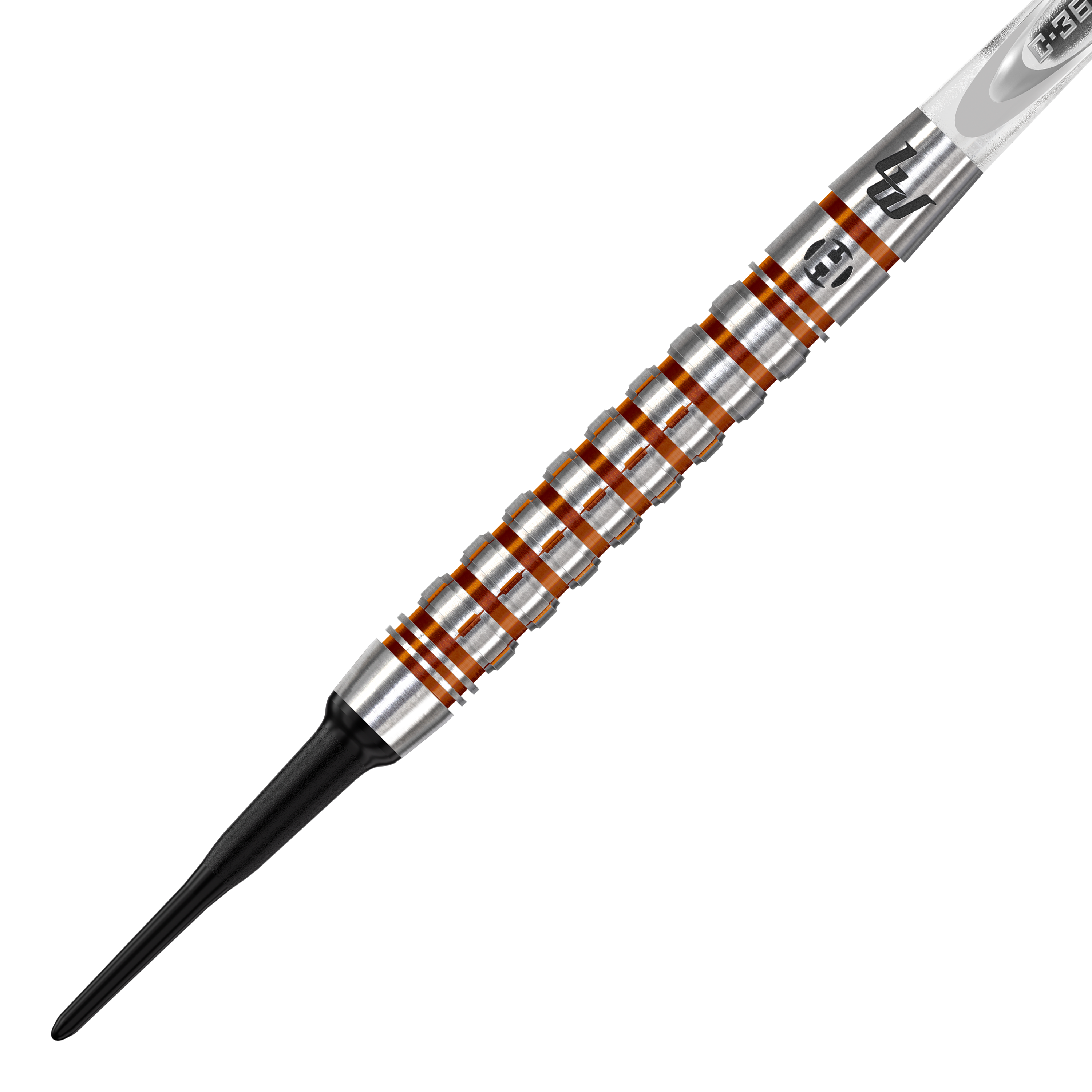 Harrow's Luke Woodhouse Series 2 Soft Darts - 18g Das Bild zeigt einen Harrows Luke Woodhouse Series 2 Softdart mit einem Gewicht von 18g. Der Dart hat einen silbernen Griff mit auffälligen orangefarbenen Ringen und einer schwarzen Kunststoffspitze.