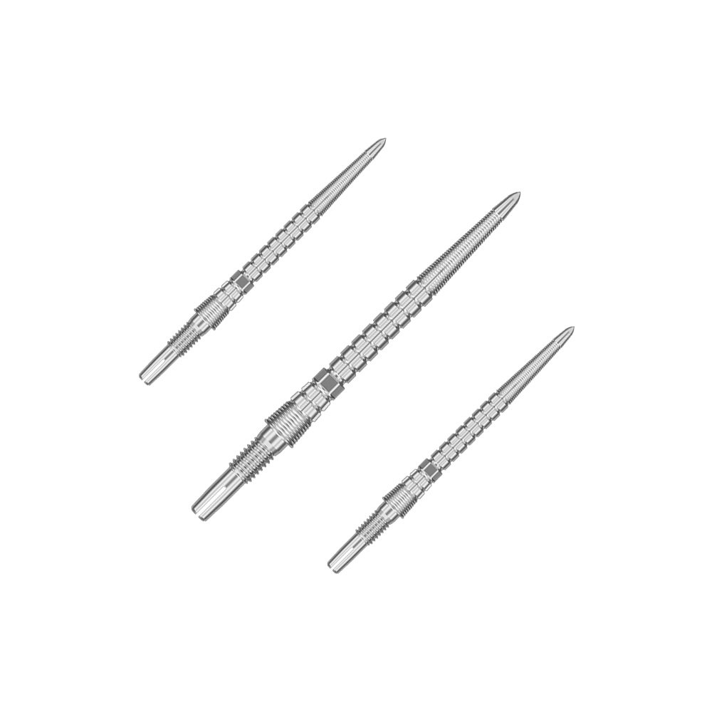 Target Chrono Swiss Storm Point Dart Tips - Silver Mehrere silberne Dartspitzen bilden ein Set. Sie sind gerade nebeneinander platziert.