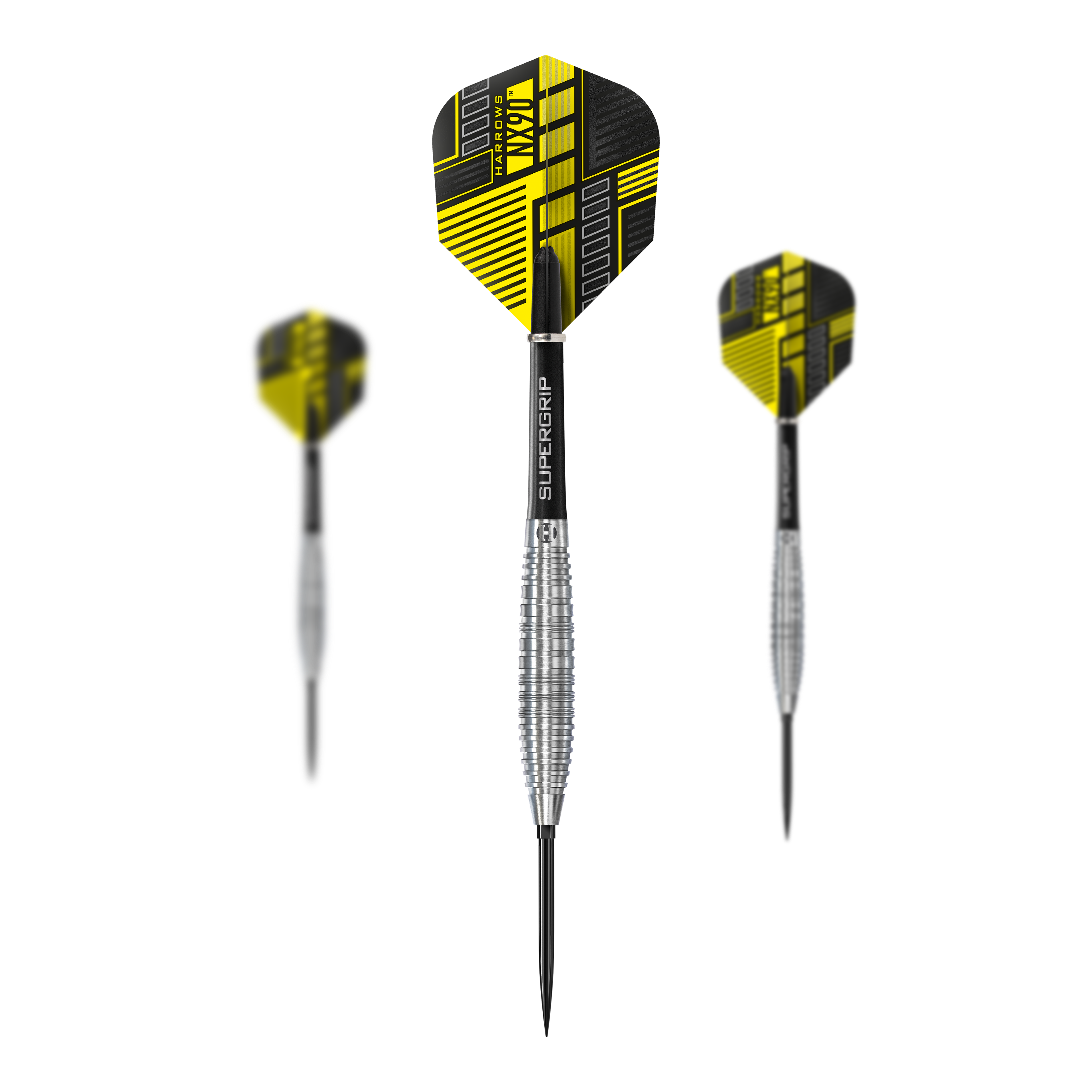 Das Bild zeigt das Set Harrows NX90 Bomb Quick Point Steeldarts. Es handelt sich um spezielle Steeldarts für das Präzisionsspiel.