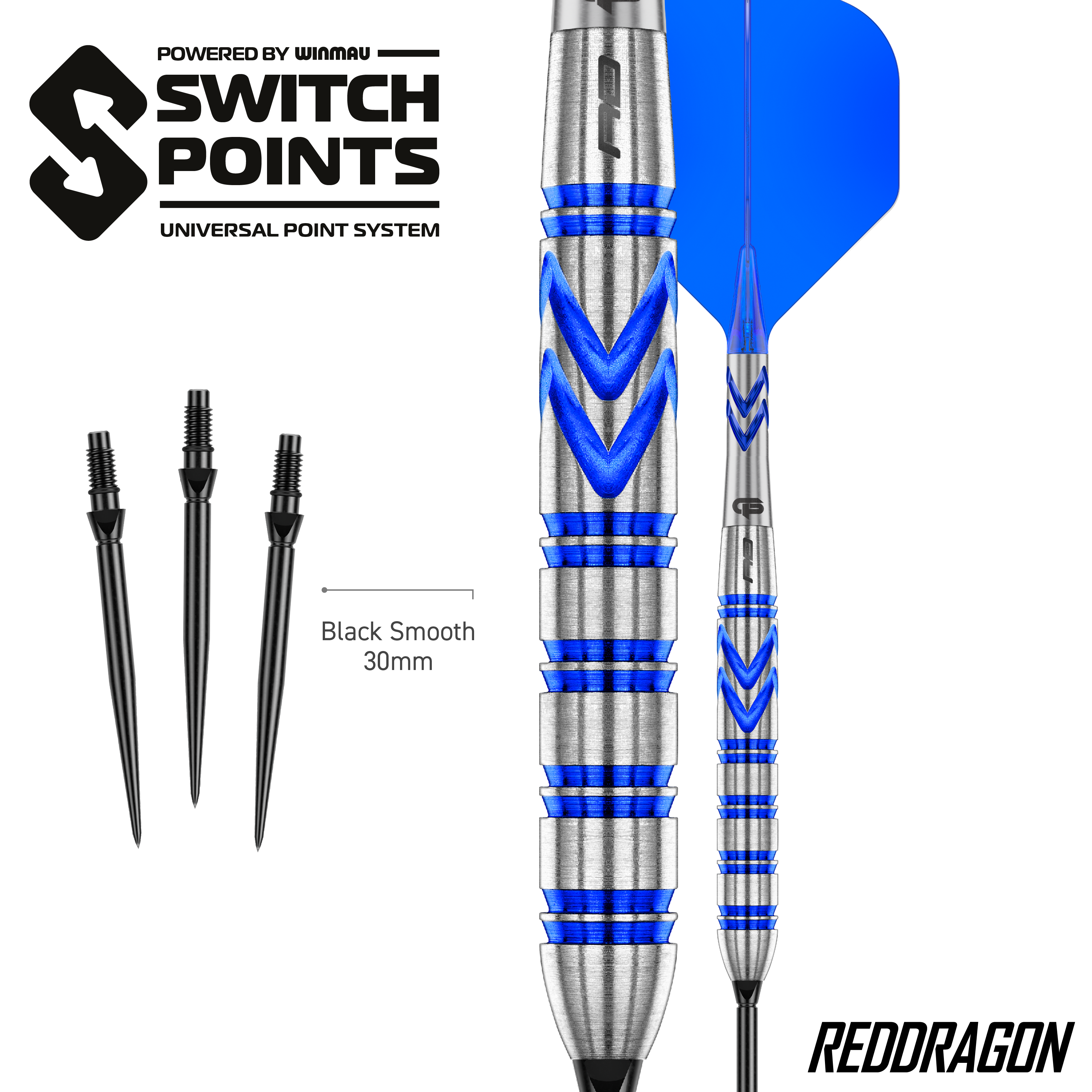 Die Red Dragon Gerwyn Price Blue Original Switch Point Steeldarts werden präsentiert. Sie zeichnen sich durch ihr markantes blaues Design aus.