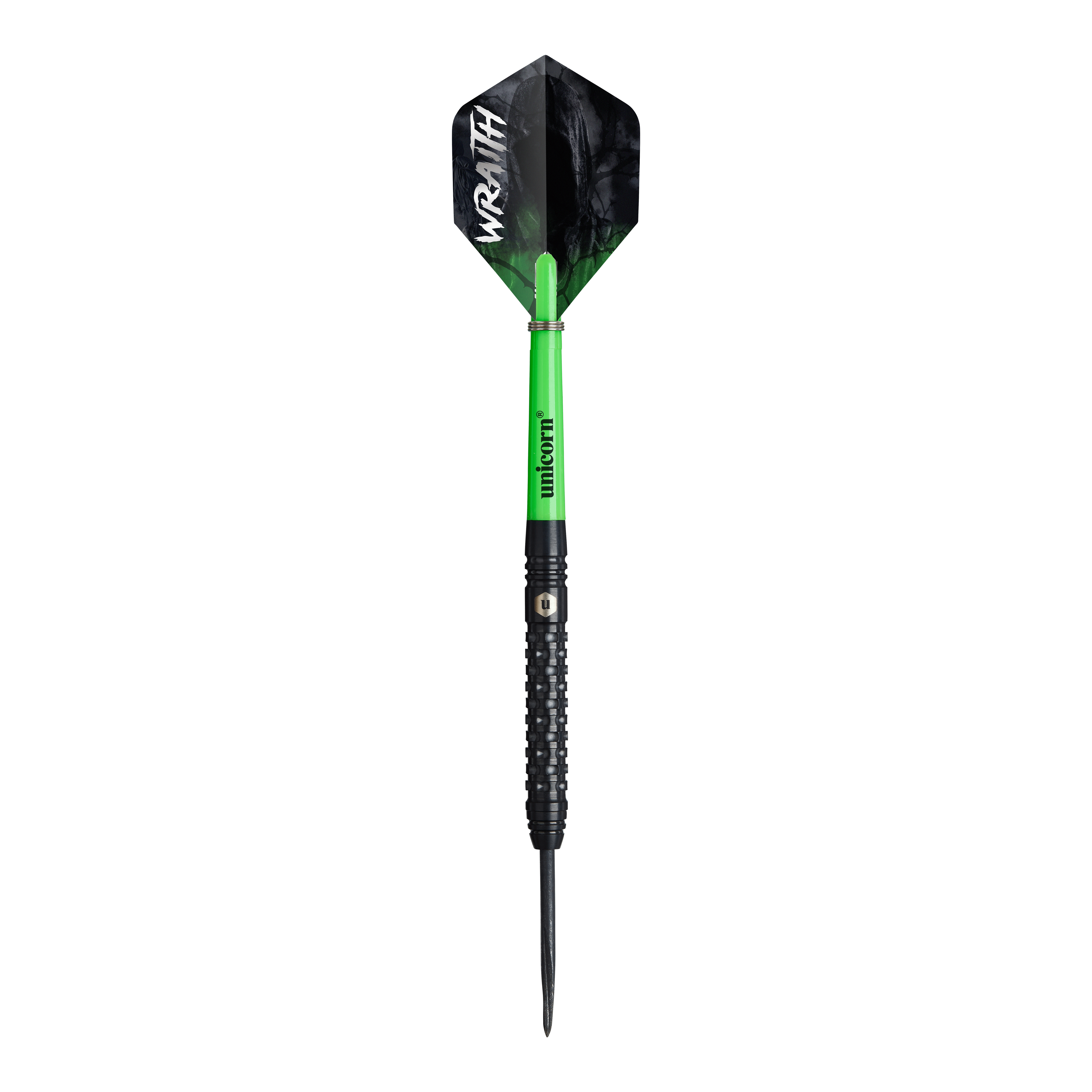 Unicorn Wraith steel darts Ein Unicorn Wraith Steeldart ist einzeln zu sehen. Die Struktur und der Schaft sind herausgearbeitet.