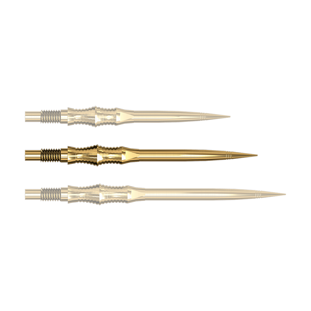 Apex Spire Gold Elite Serie Dartspitzen in 35mm Ausführung sind abgebildet. Die Spitzen sind goldfarben.