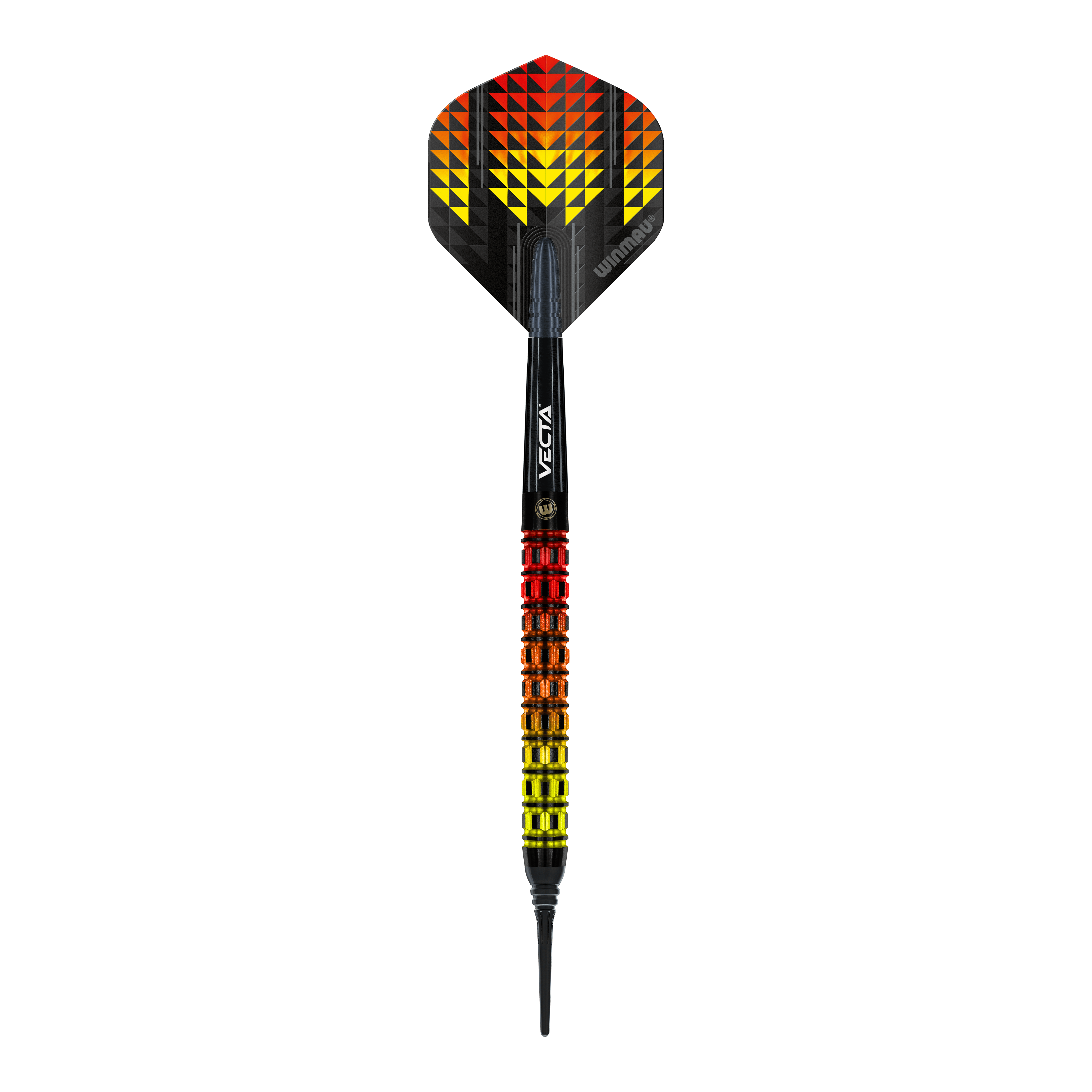 Winmau Firestorm Flame Parallel Softdarts - 20g Das Bild zeigt einen Winmau Firestorm Flame Parallel Softdart mit einem Gewicht von 20g. Der Dart hat ein auffälliges Design mit gelben, orangefarbenen und roten Flammenmustern.