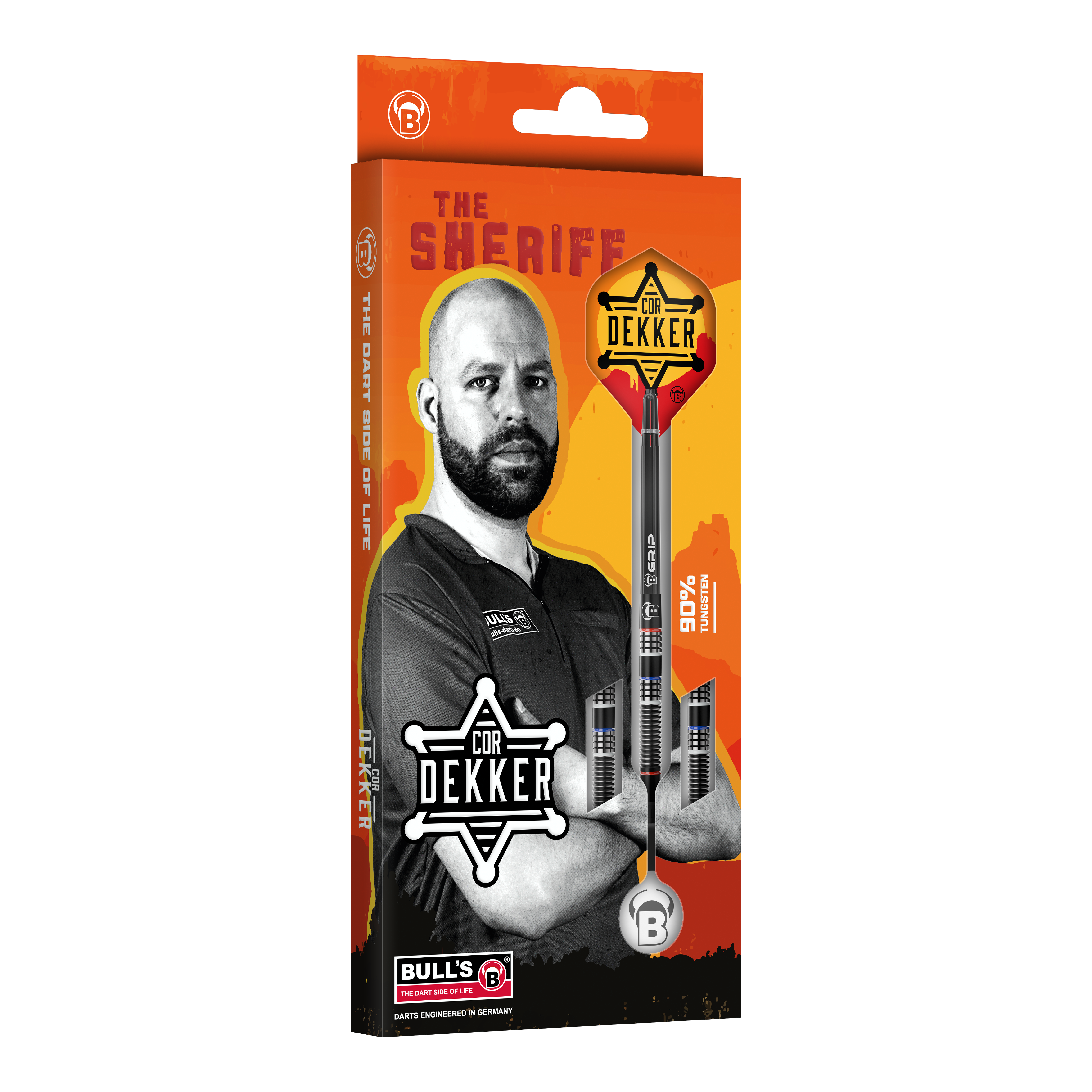 Auf dem Foto sind die Bulls Cor Dekker The Sheriff Softdarts - 20g zu sehen. Die Softdarts sind aus einer anderen Perspektive abgebildet.
