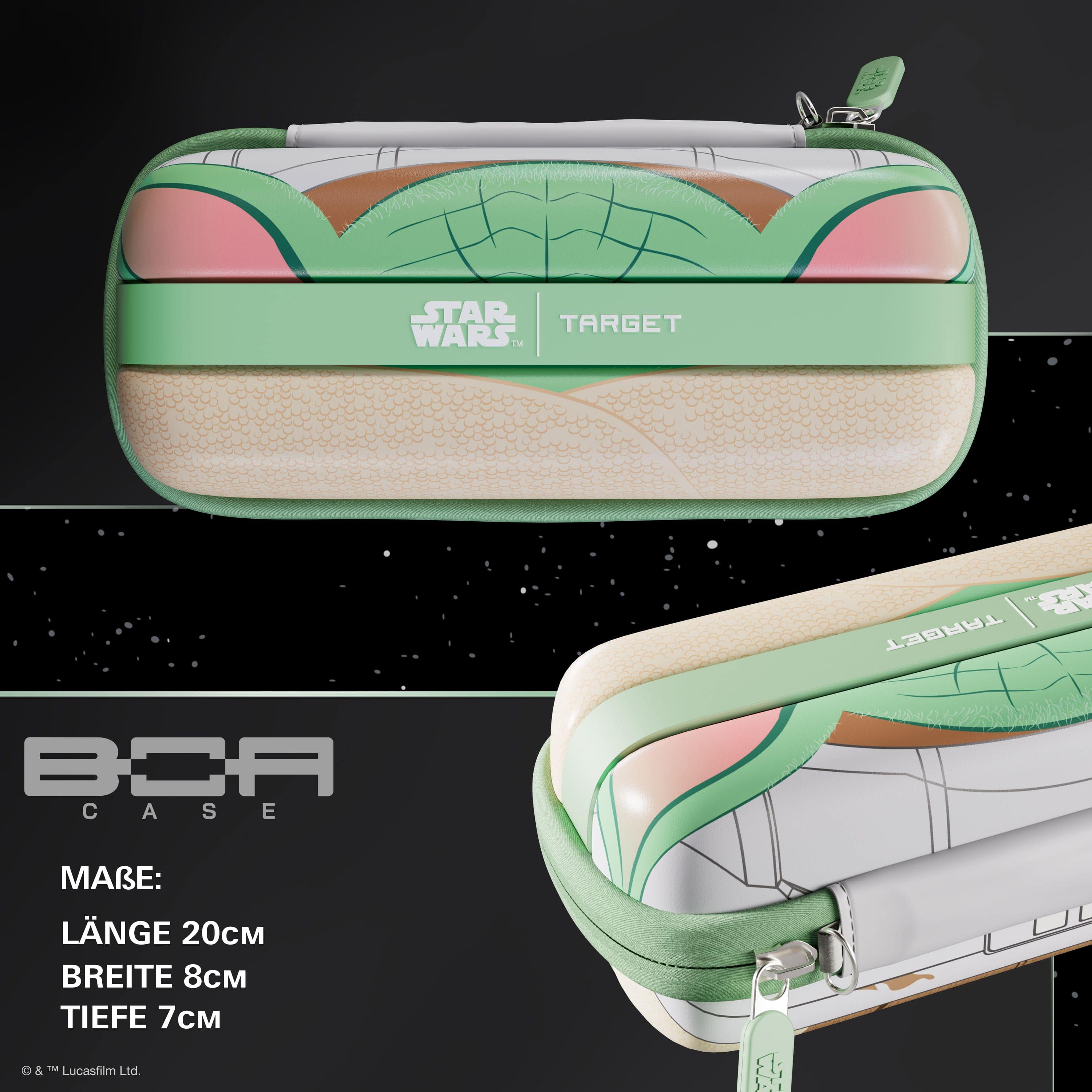 Dies ist das Target Star Wars Boa Dartcase - Grogu mit einem einzigartigen Star Wars Motiv. Die Tasche schützt Darts und Zubehör auf stilvolle Weise.