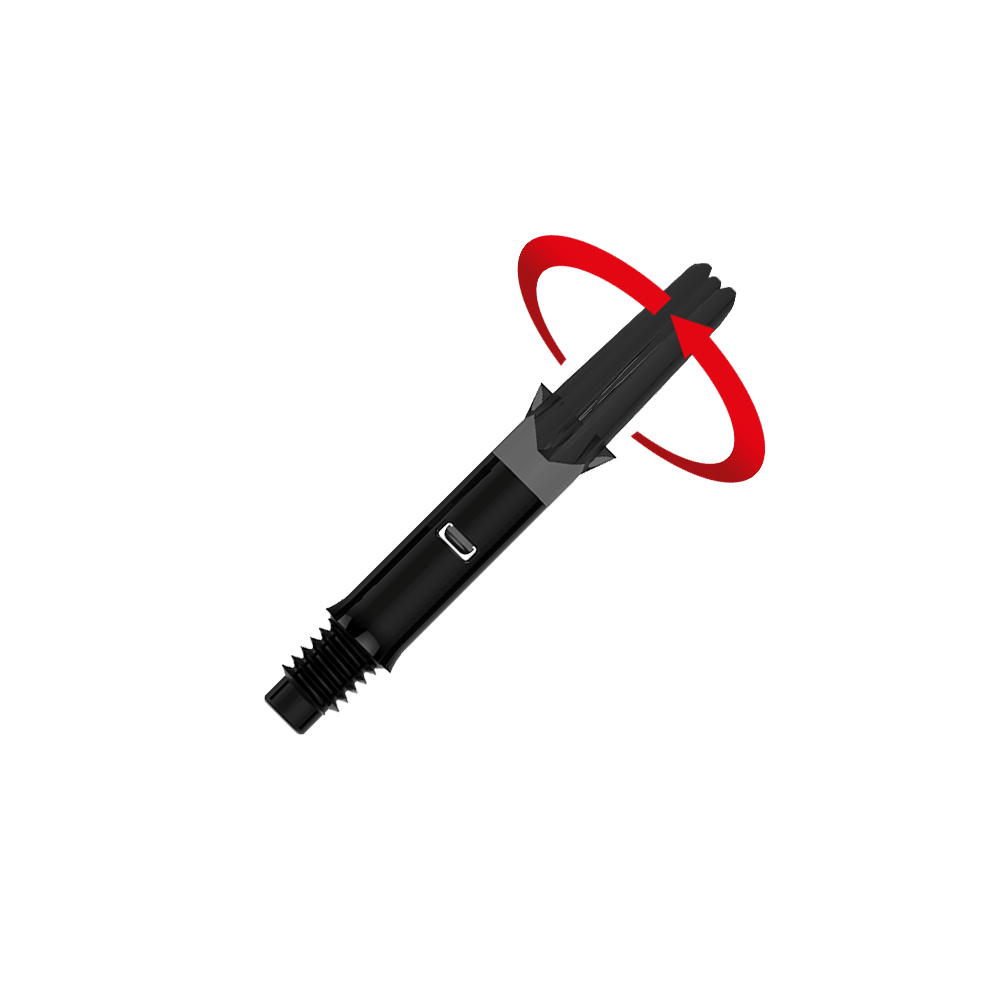L-L-Style-Shafts Silent Straight - Black Das Bild zeigt einen schwarzen Dart-Schaft ohne Kappen. Ein roter Pfeil deutet eine Drehbewegung am oberen Ende des Schafts an.