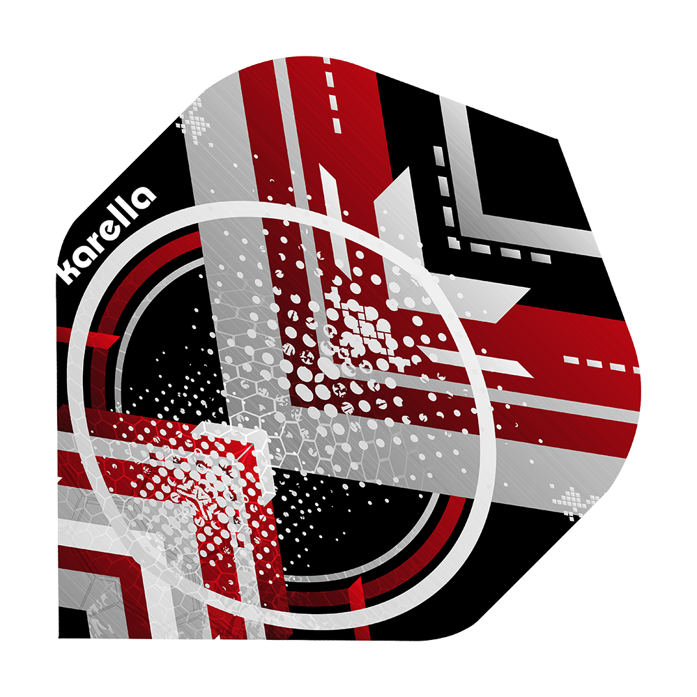 8032-10_Karella_XT-3_No2_Standard_Flights_1 Das Bild zeigt das Produkt "Karella XT-3 No2 Standard Flights". Das Design ist modern mit roten, weißen, grauen und schwarzen geometrischen Mustern und Punkten.