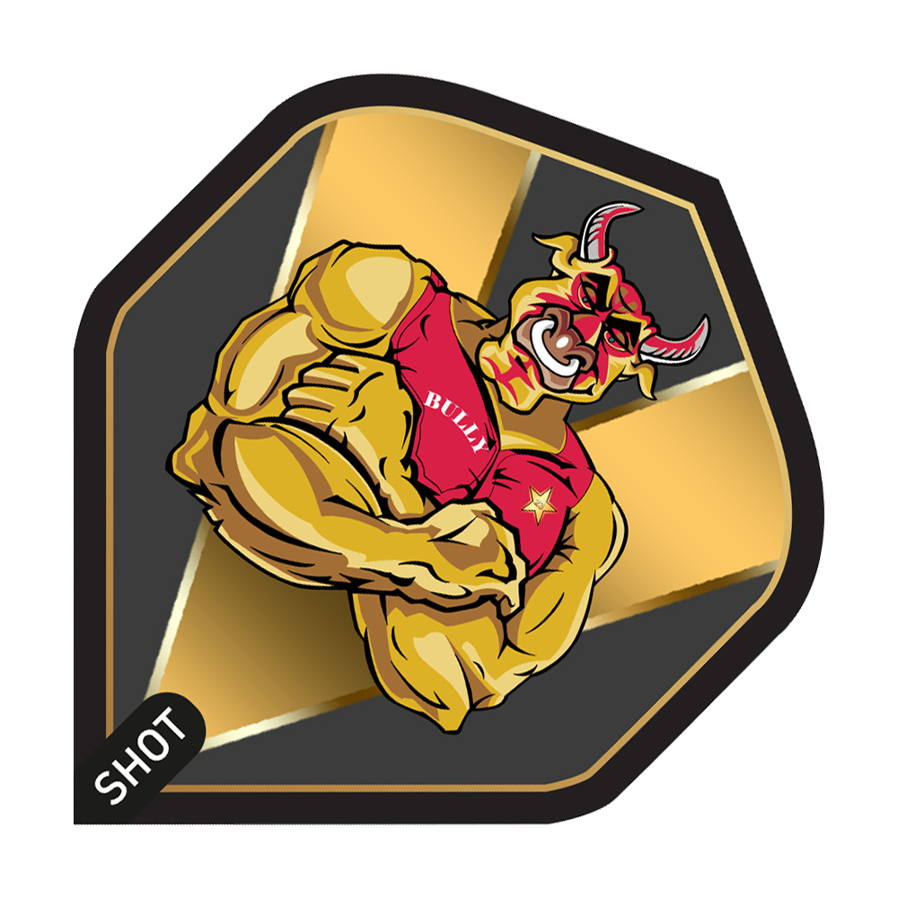 Shot Michael Smith Bully Boy Gold Standard Flights Das Bild zeigt ein Dartflight-Design mit einem muskulösen Stier im roten Trikot, auf dem "BULLY" steht. Im Hintergrund sind goldene und schwarze Farbakzente sowie das Logo "SHOT" zu sehen.