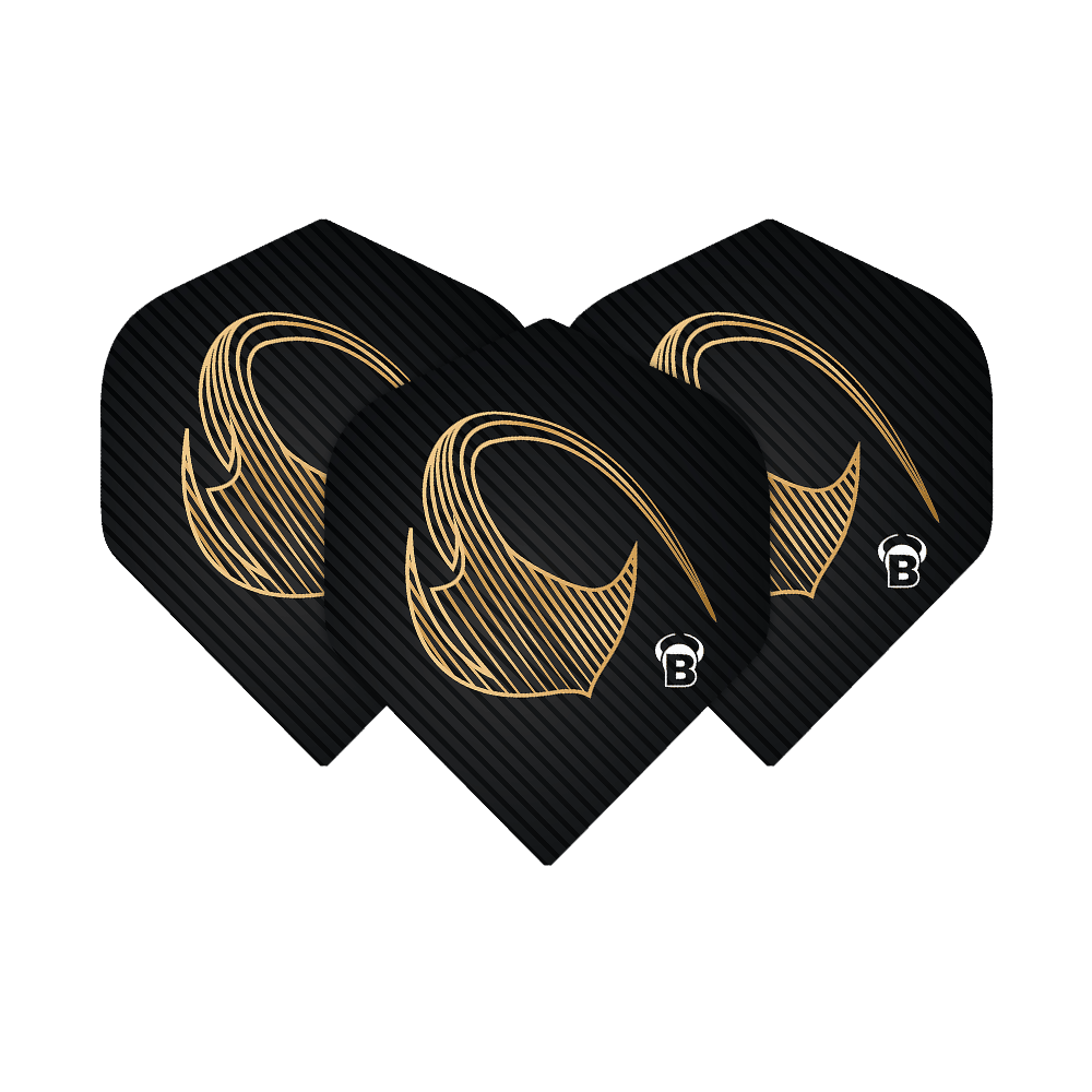 Bulls Metrixx Stingray No2 Standard Flights Das Bild zeigt drei schwarze Dart-Flights mit einem goldenen Muster und dem Buchstaben "B" in der Ecke. Es handelt sich um die Bulls Metrixx Stingray No2 Standard Flights.