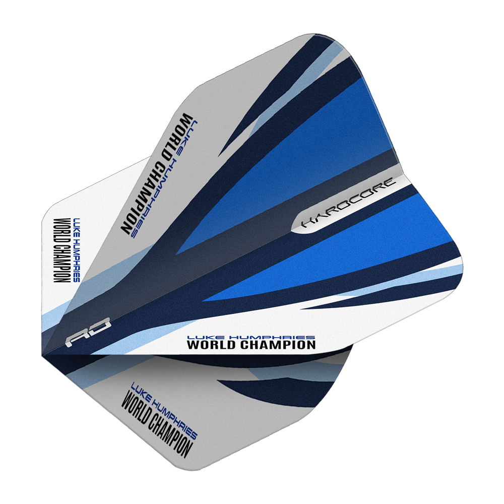 Das Bild zeigt die Red Dragon Hardcore Luke Humphries Blue White Standard Flights. Die Dartflights haben ein blau-weißes Design und den Aufdruck "Luke Humphries World Champion".