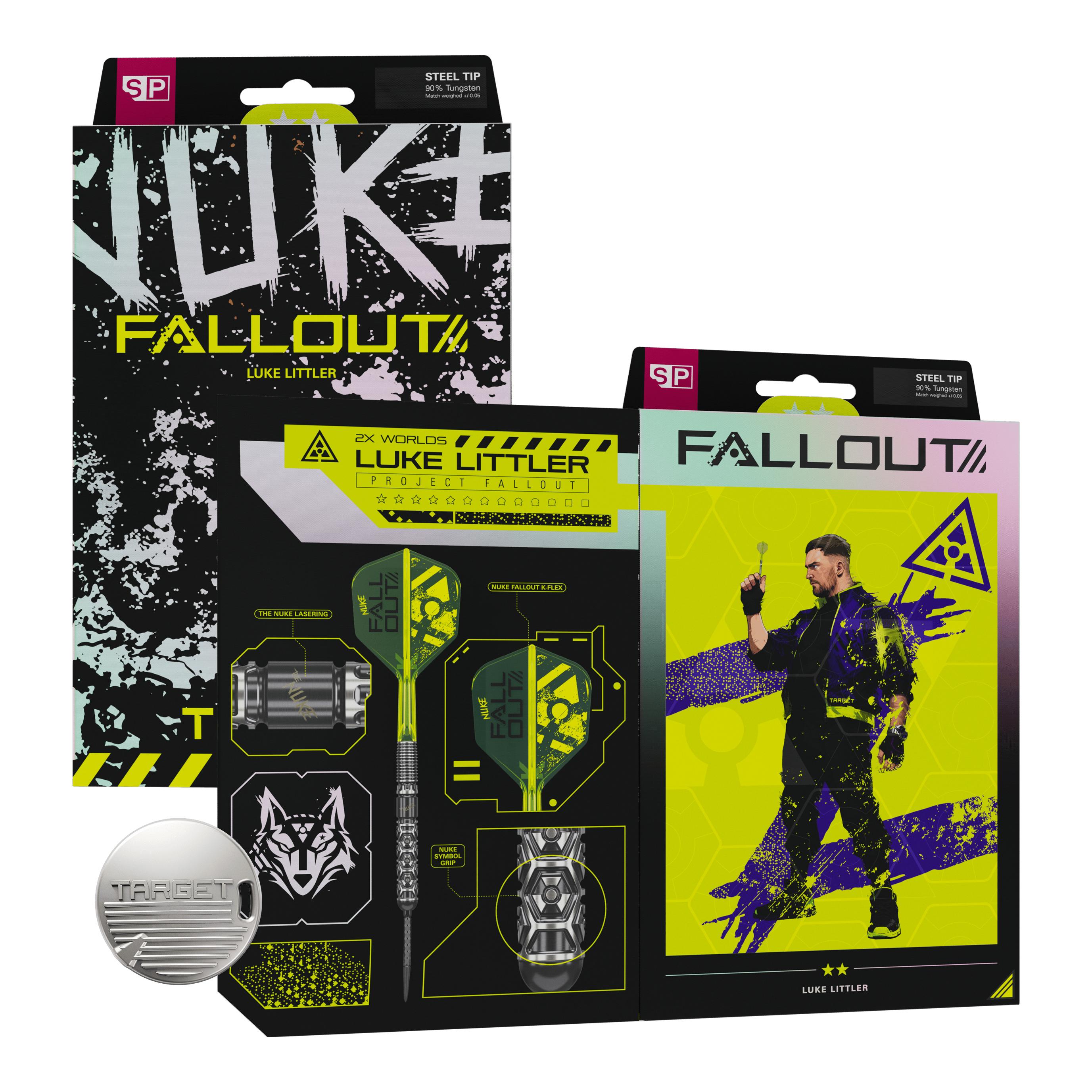 Das Bild zeigt die Target Luke Littler Nuke Fallout Swiss Points Steeldarts. Die Darts haben ein modernes Design und sind für präzises Spiel entwickelt.
