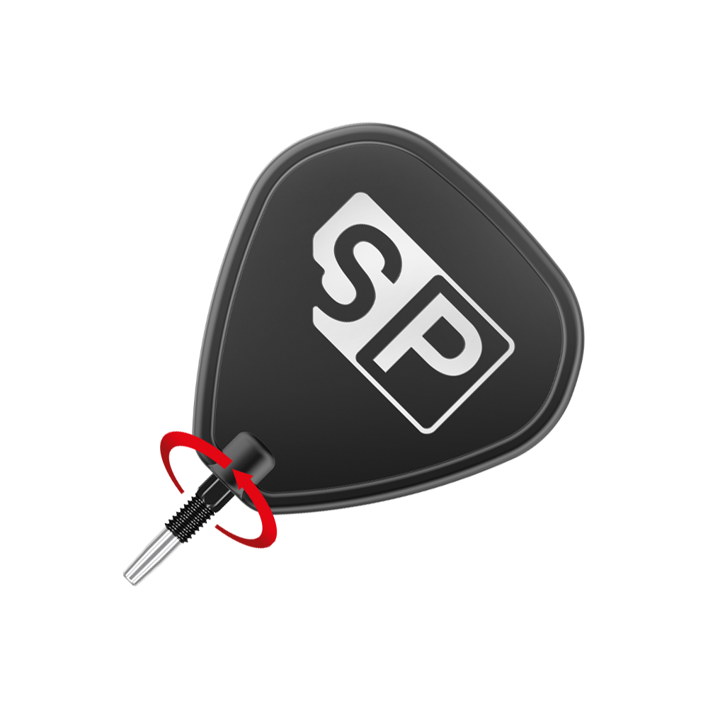 Target Swiss Point Nano Dart Tips - Black Das Bild zeigt eine schwarze Dartspitze mit einem weißen "SP"-Logo darauf. Ein roter Pfeil deutet auf eine Drehbewegung am unteren Teil der Spitze hin.