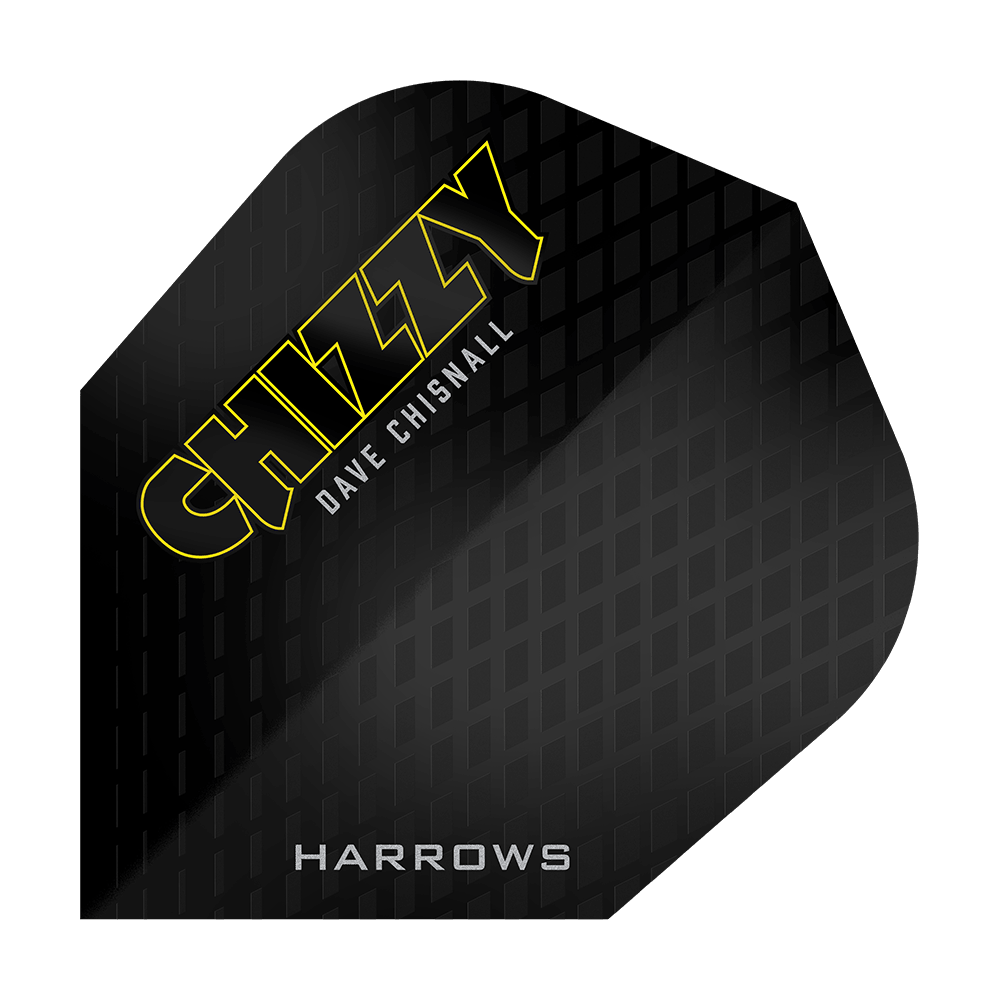 Harrow's Dave Chisnall Chizzy Series 3 Flights Das Bild zeigt ein schwarzes Dartflight mit einem Muster und der Aufschrift "CHIZZY DAVE CHISNALL" in gelben und weißen Buchstaben. Unten steht außerdem das Wort "HARROWS".