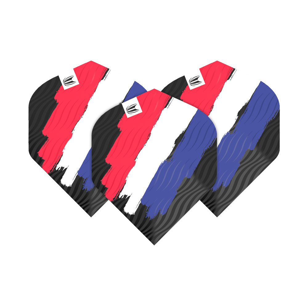 TG12_335770_Target_ProUltra_Flag_Holland_No2_Standard_Flights_1s59E871JUc4k0 Das Bild zeigt drei Dartflights mit einem Design in den Farben Rot, Weiß und Blau. Die Flights haben ein stilisiertes Muster, das an die niederländische Flagge erinnert.