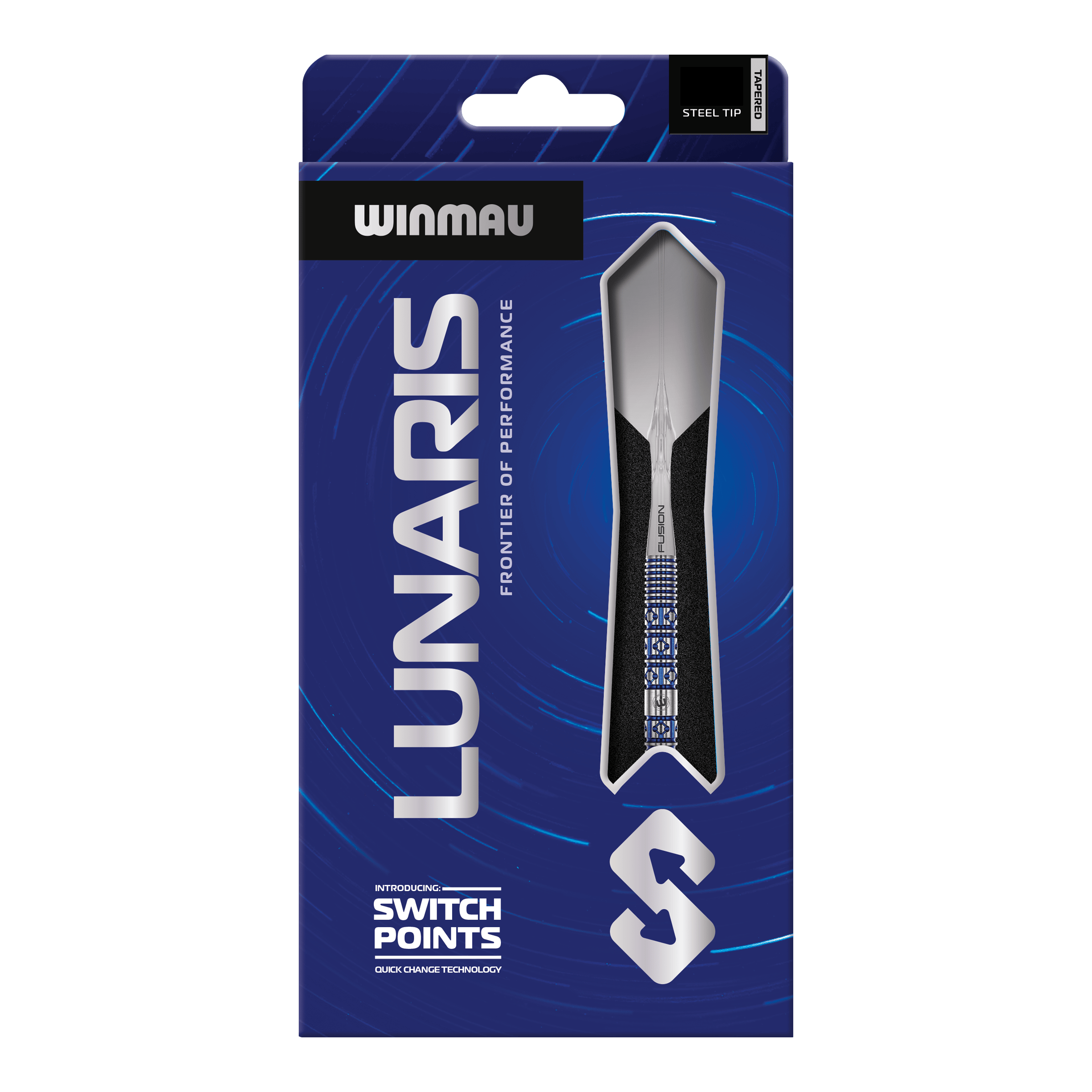 Abgebildet sind die Winmau Lunaris Tapered Switch Point Steeldarts. Diese Steeldarts besitzen ein modernes, abgestimmtes Design für Dartspieler.