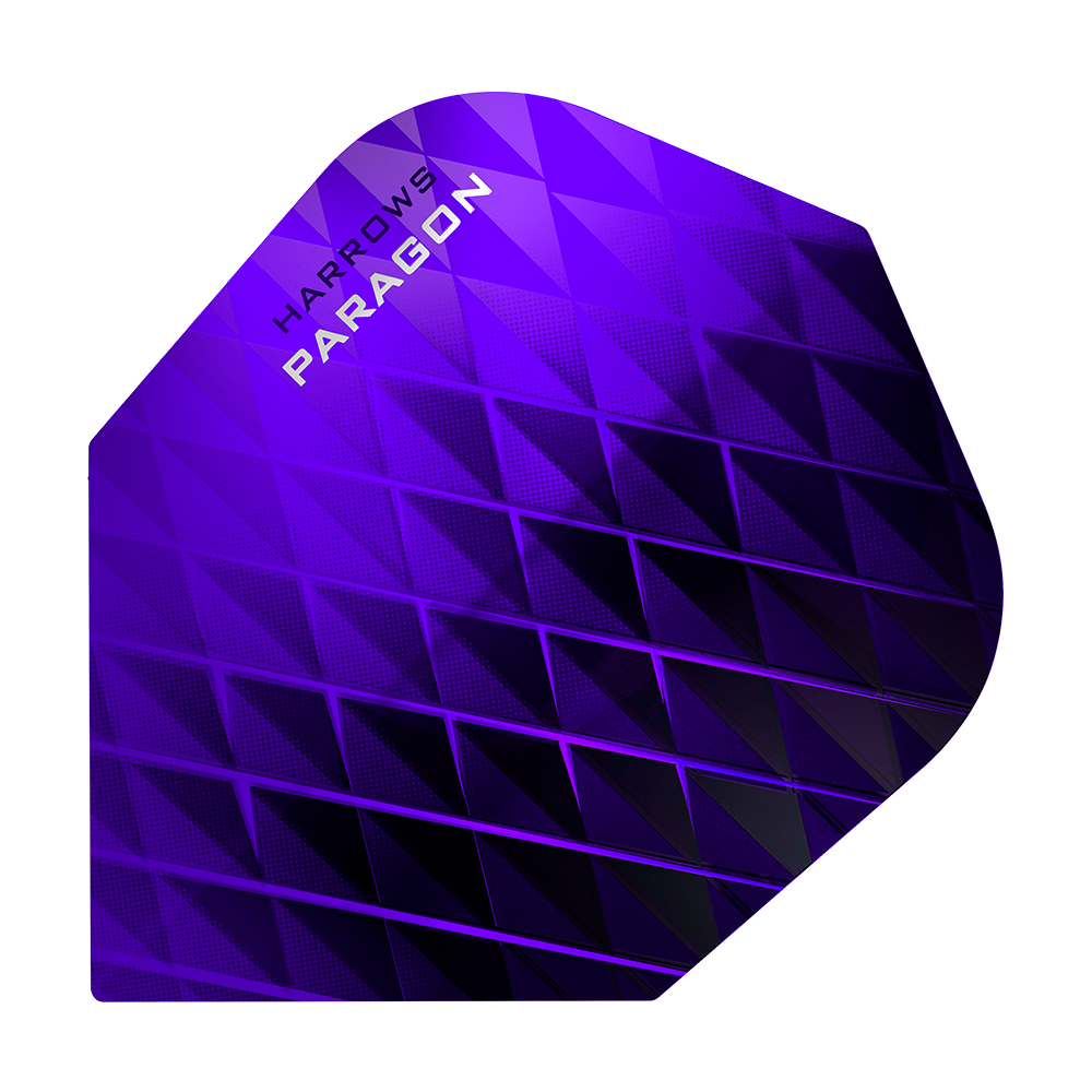 HR7603_Harrows_Paragon_Purple_No2_Standard_Flights_1 Das Bild zeigt ein Harrows Paragon Purple No2 Standard Flight für Dartpfeile. Das Flight ist in einem auffälligen lila Farbton mit geometrischem Muster gestaltet.