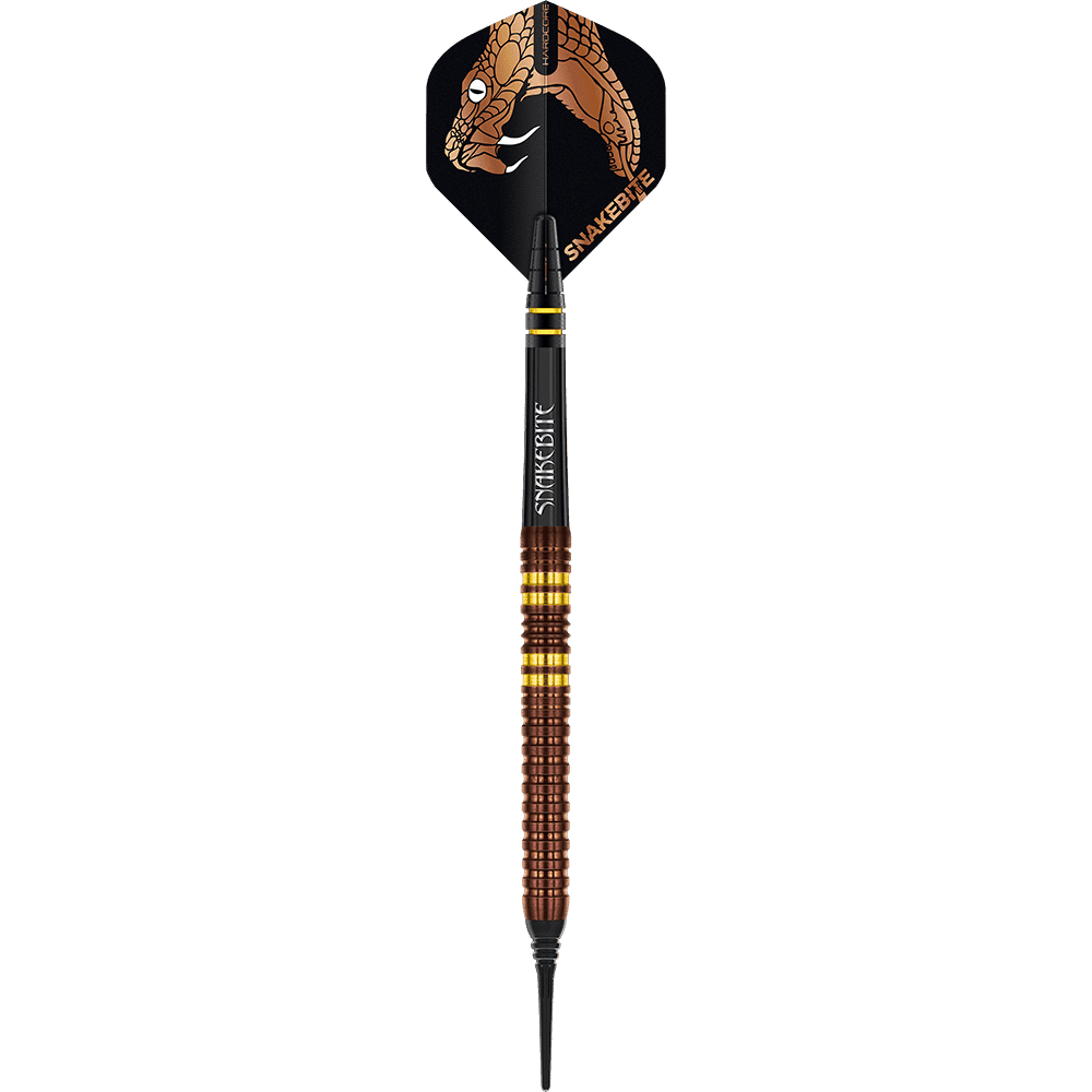RD2570_Red_Dragon_Peter_Wright_Copper_Fusion_Softdarts_14BFyls3rYXkvv Dieses Bild zeigt den Red Dragon Peter Wright Copper Fusion Softdart mit einem Gewicht von 20g. Der Dart hat ein kupferfarbenes Barrel und einen Flight mit einem Schlangenkopf-Design.