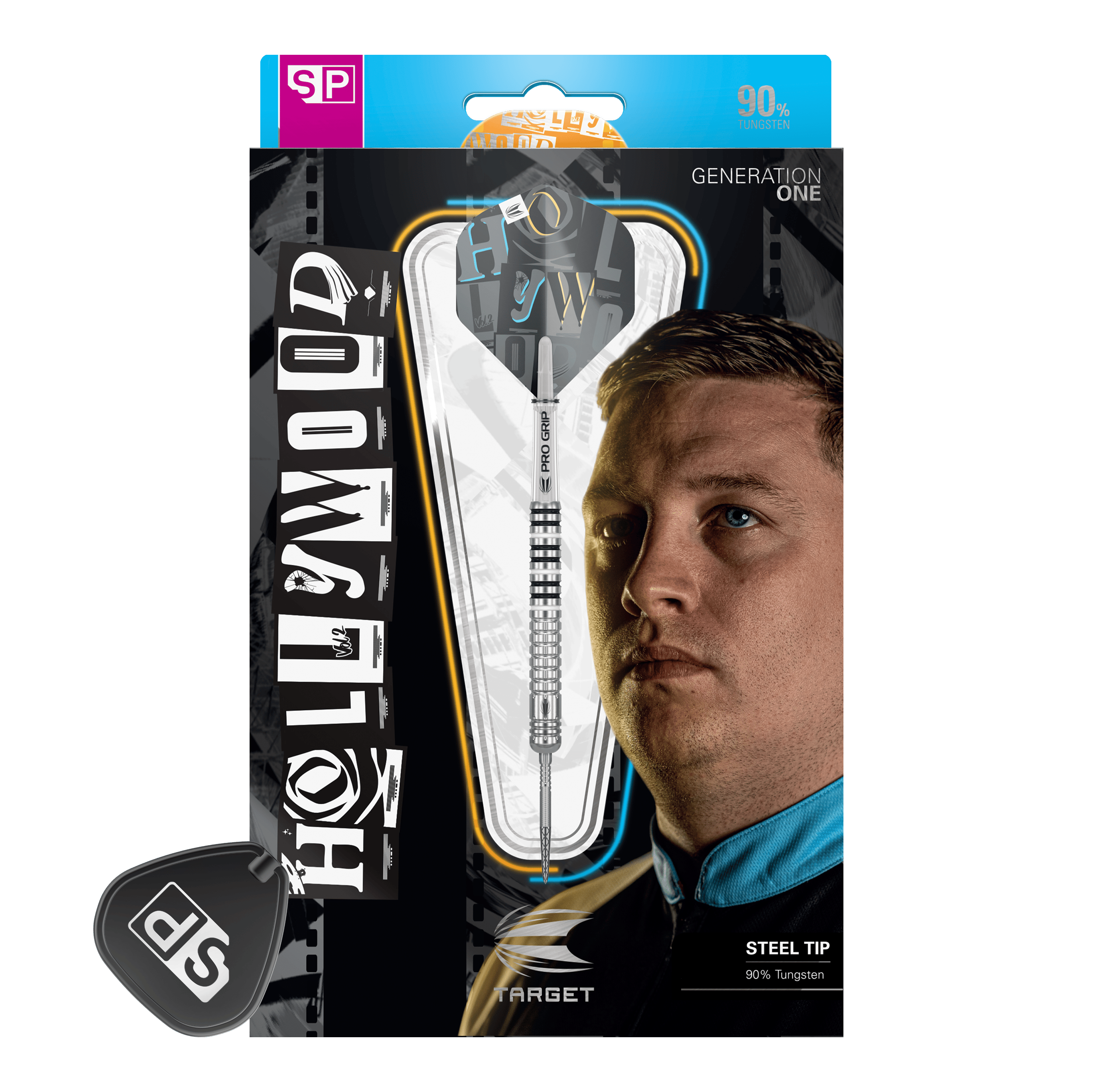 Target Chris Dobey GEN1 Swiss Point steel darts Auf der Verpackung ist ein Steeldart-Set mit dem Namen "Hollywood" abgebildet. Im Hintergrund sieht man das Porträt eines Mannes und den Hinweis, dass der Dart 90% Tungsten enthält.