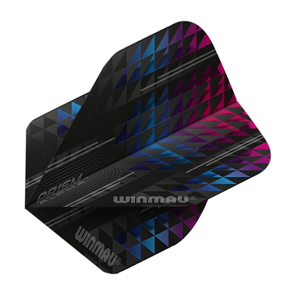 6915-115_Winmua_Prism_Alpha_6915-115_Standard_Flights_2 Das Bild zeigt das Produkt "Winmau Prism Alpha 6915.115 Standard Flights". Die Flights sind schwarz mit einem Muster aus blauen und pinken Dreiecken sowie dem Winmau-Logo.
