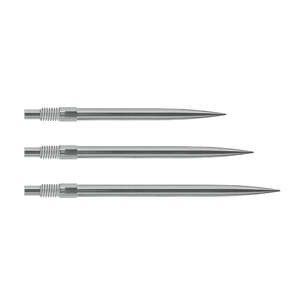 Das Bild zeigt silberne Harrows Quick Point Dartspitzen. Sie sind für Dartspieler zum einfachen Wechsel der Spitzen gedacht.